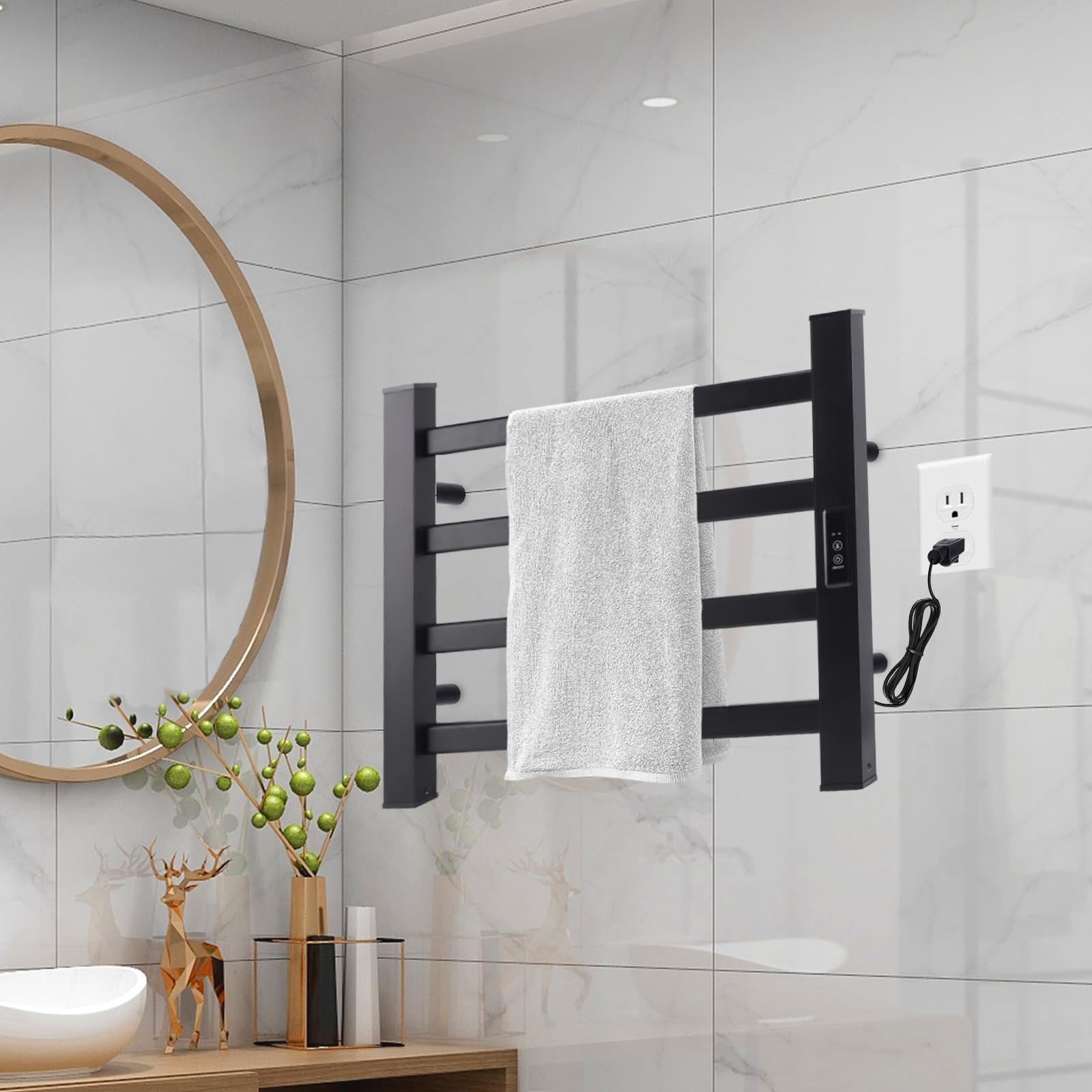 Electric Towel Warmer Heater - 4 Bar Wall Mounted Bathroom Towel Rack with Plug-in Heating, Matte Black - Perfect for Spa, Luxury Hotels & Cozy Home Bathrooms