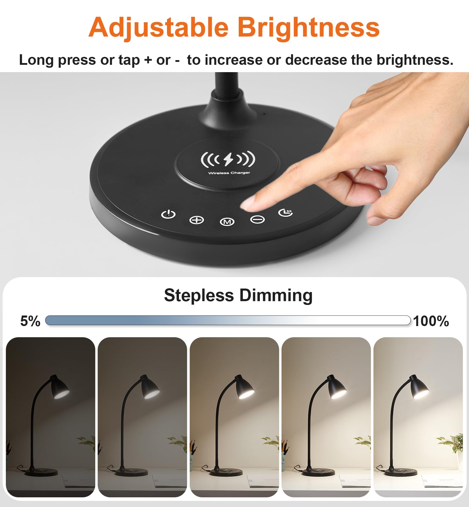 BOHON LED Desk Lamp with USB C+A Charging Ports & Wireless Charger - 5 Color Stepless Dimming, Touch Control, Timer - Perfect for Home Office, College Dorm, Bedside Reading & Nightstand Use
