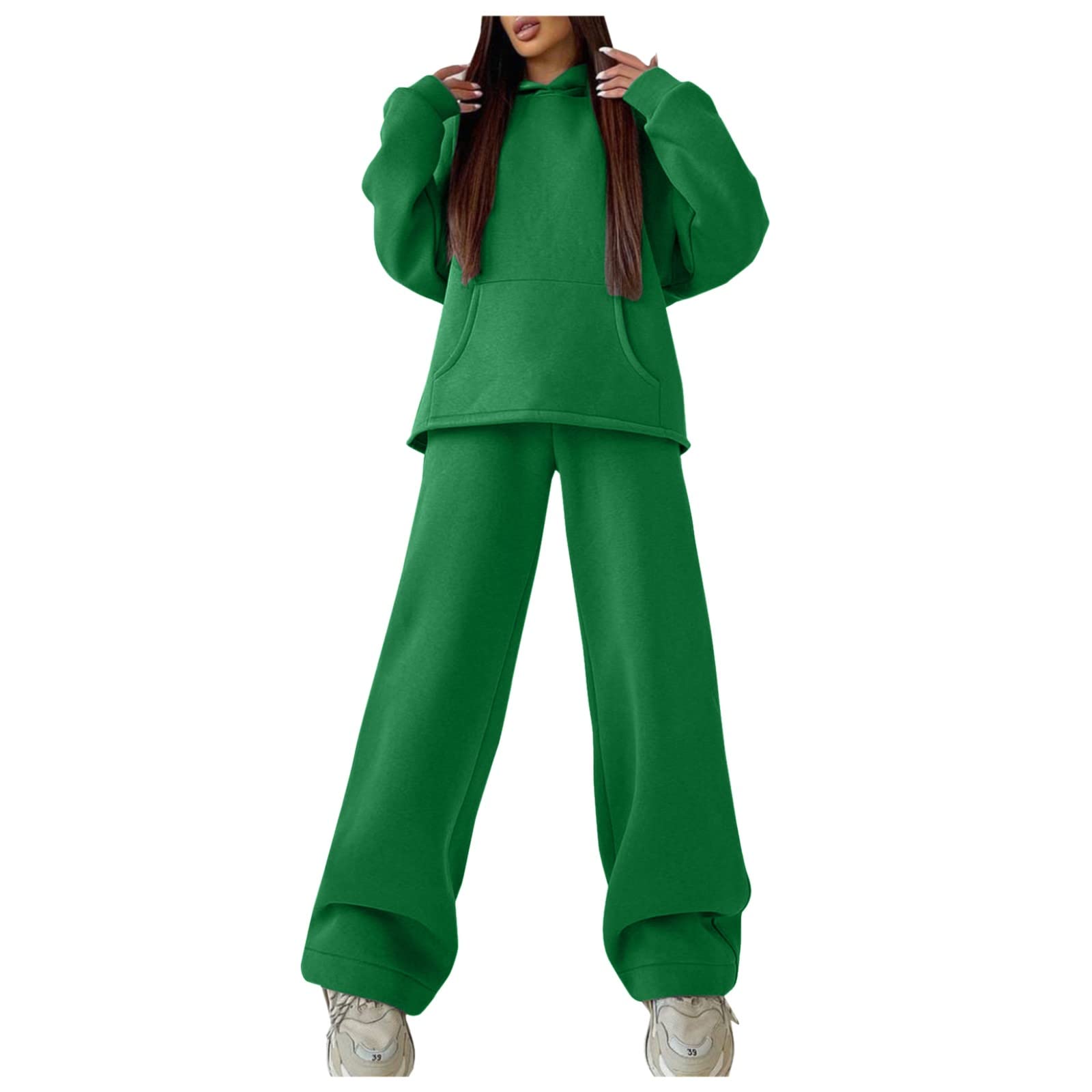 Women's Hooded Tracksuit Set - Black Pullover Sweatshirt & High Waist Wide Leg Pants (Green, Size S) | Casual Outfit for Gym, Running, Yoga & Streetwear Fashion