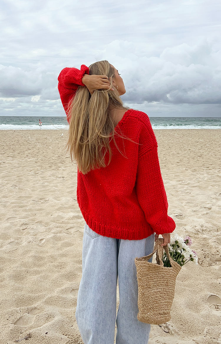 Delvey Red Chunky Knit Sweater for Women - Cozy Oversized Winter Pullover | Perfect for Christmas, Casual Outfits & Cold Weather Fashion
