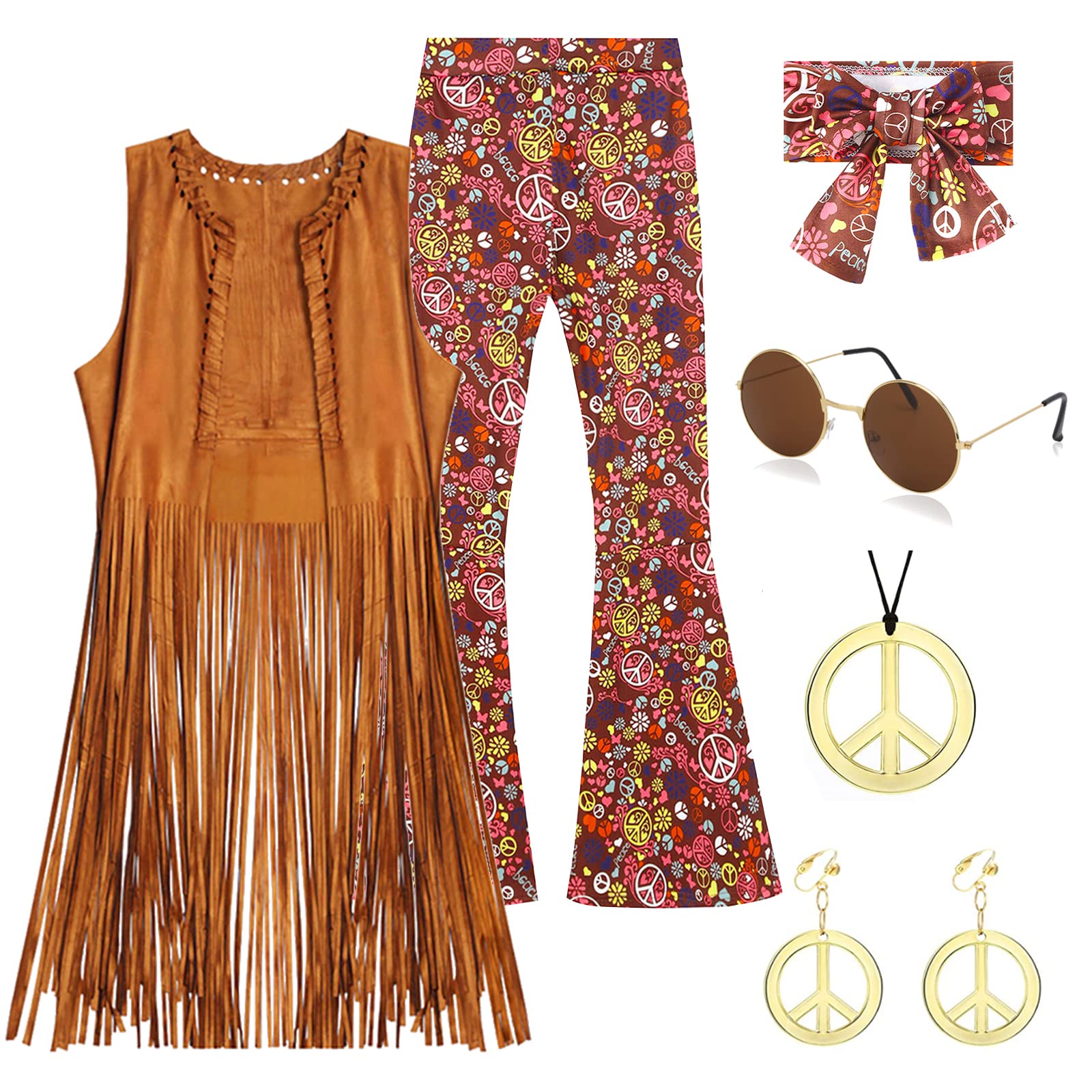 Retro 70s Disco Outfit for Women - Fringe Vest & Flare Pants Hippie Costume Set | Vintage 60s 70s Themed Party, Halloween, Cosplay, Music Festival & Dance Costume