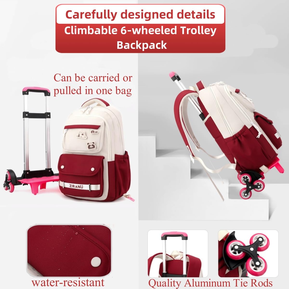 EKUIZAI Rolling Backpack for Girls - Lightweight Wheeled School Bag for Middle & High School Teens - Perfect for Travel, Commuting & Daily Use