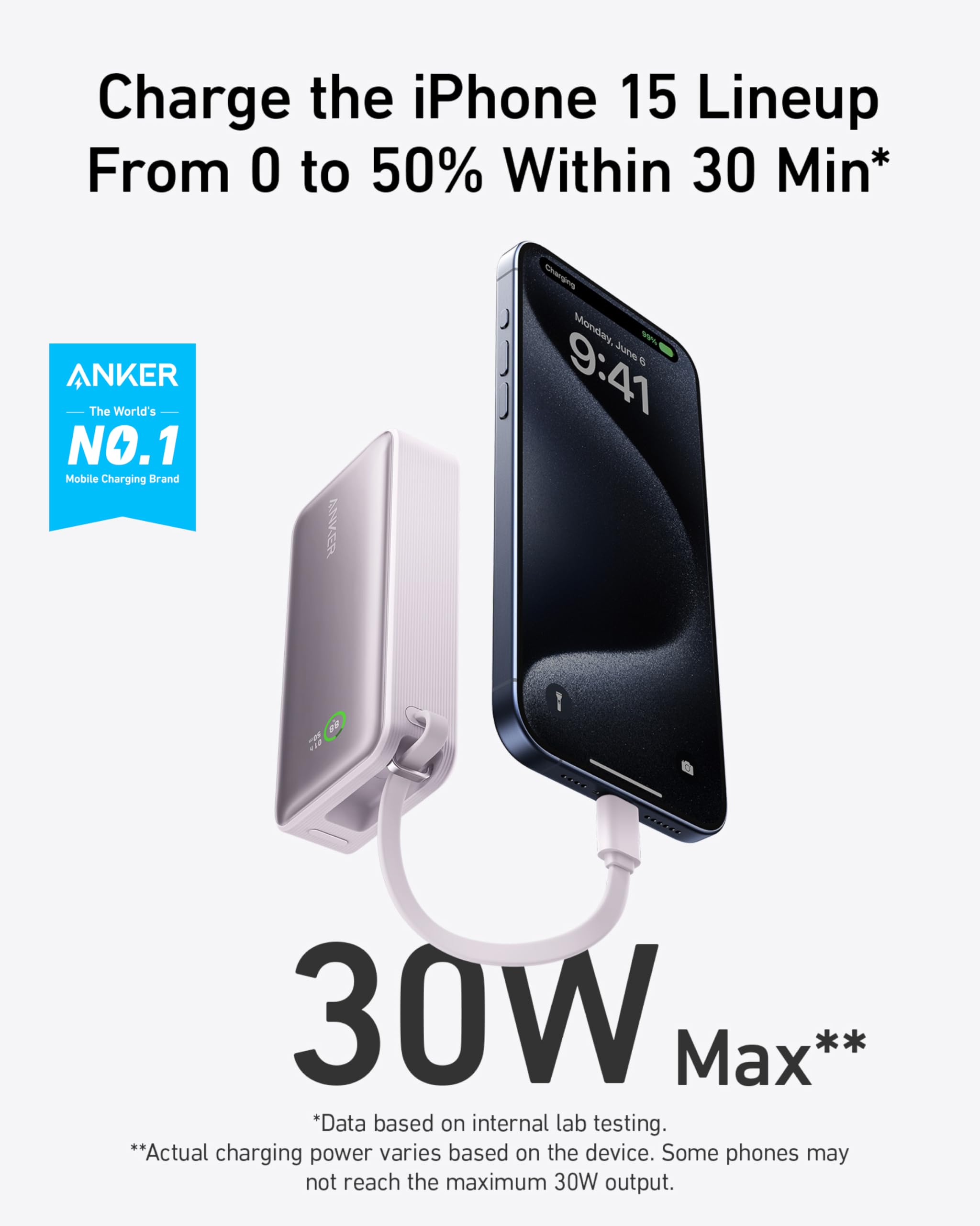 Anker Nano 10,000mAh Portable Charger with Built-in USB-C Cable - 30W Fast Charging Power Bank for iPhone 16/15, MacBook, Galaxy S24/S23, AirPods - Perfect for Travel, Work & Outdoor Adventures