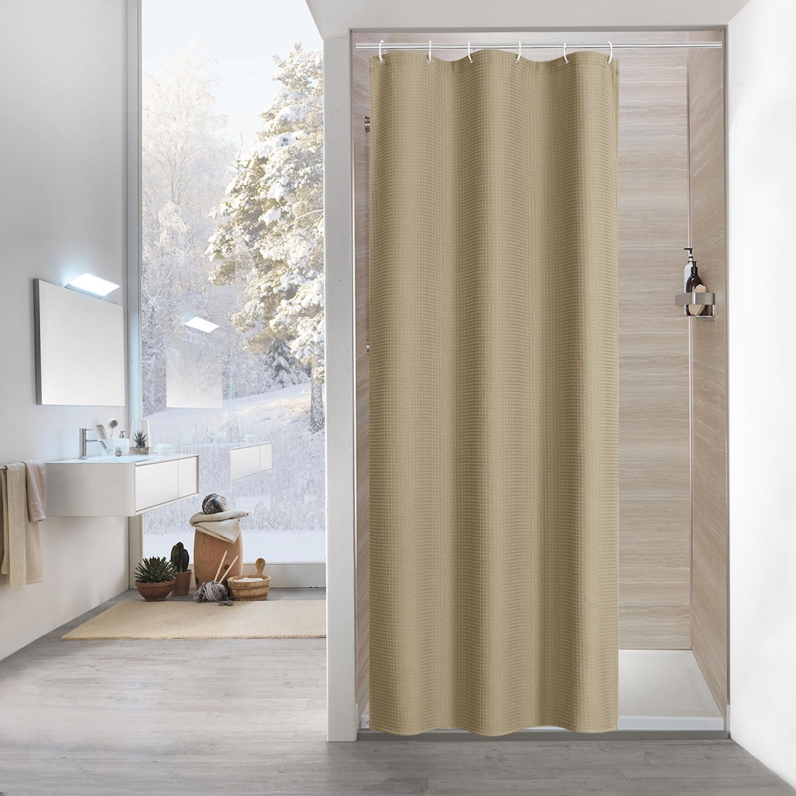 MitoVilla 36 x 72 Inch Waffle Weave Shower Curtain - Half Size Narrow Fabric Bathroom Curtain with Hooks in Taupe/Tan | Perfect for Small Bathrooms, Apartments & RV Showers | Water-Resistant & Stylish Home Decor