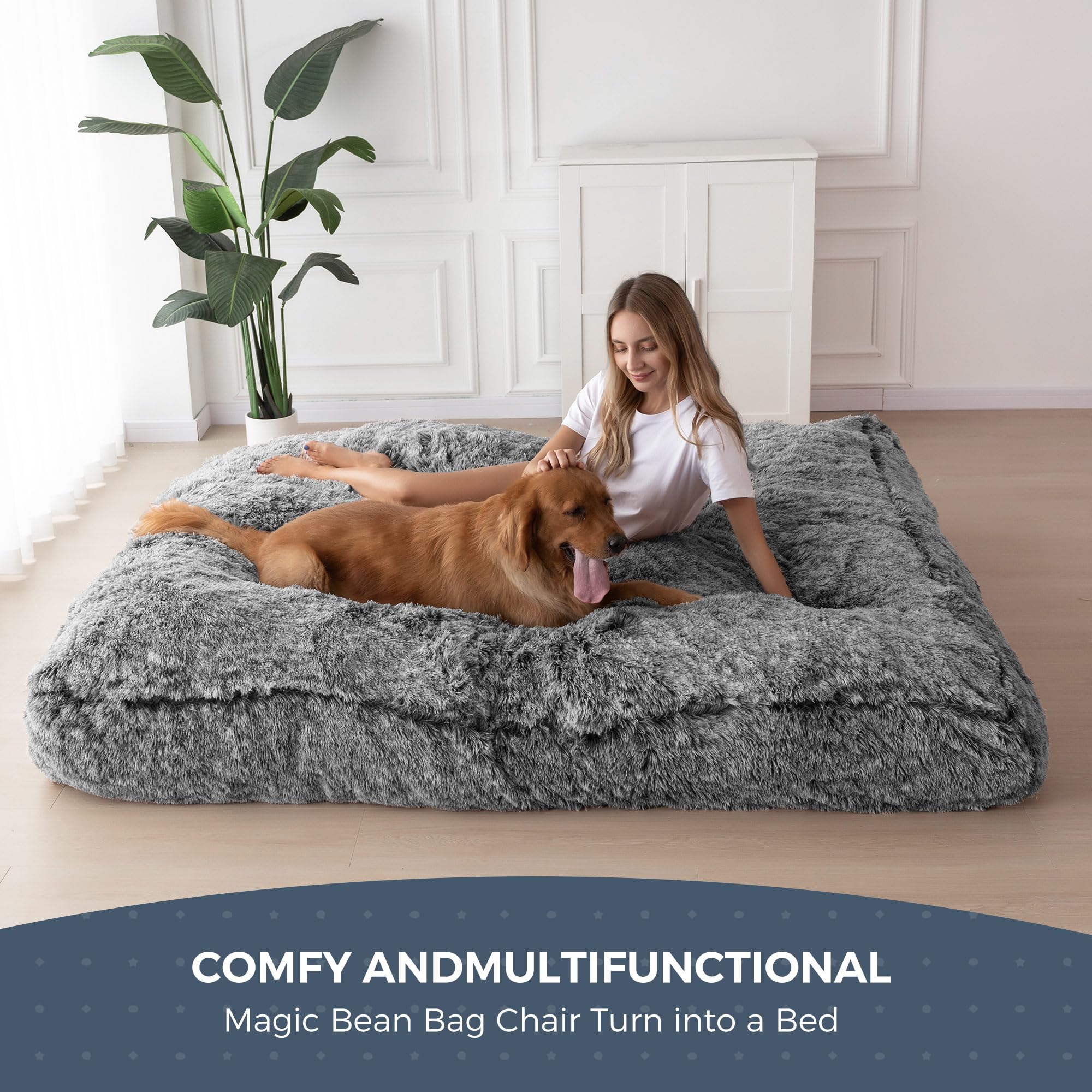 MAXYOYO Giant Bean Bag Bed - Extra Large Faux Fur Convertible Bean Bag Chair to Bed, Soft & Comfy for Adults & Teens - Perfect for Living Room, Bedroom, Dorm or Game Room Lounging