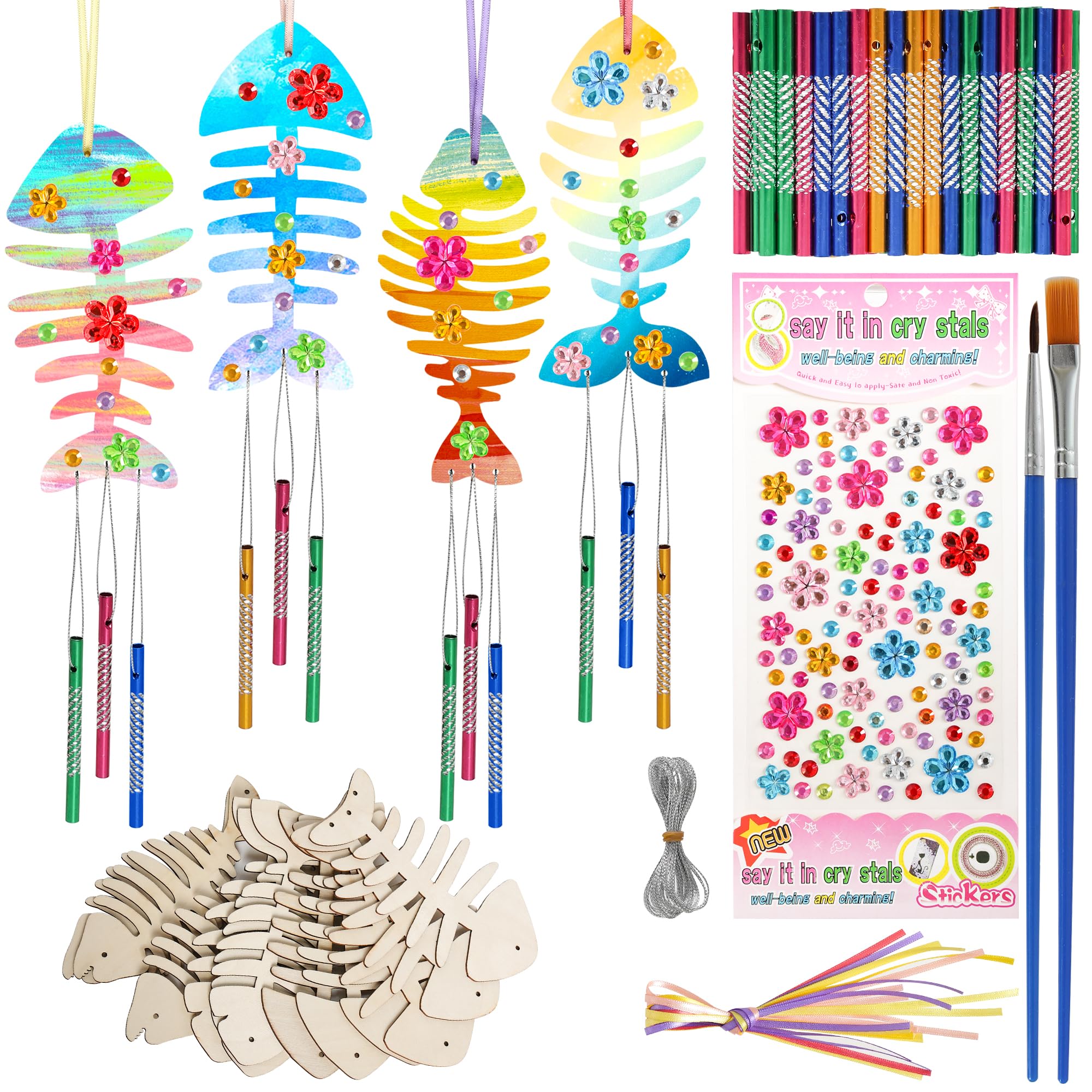 HMXPLS 12-Pack DIY Wooden Fish Bone Wind Chime Craft Kit - Painting & Decorating Activity for Kids & Adults - Perfect for Birthday Parties, Classroom Projects & Home Decoration