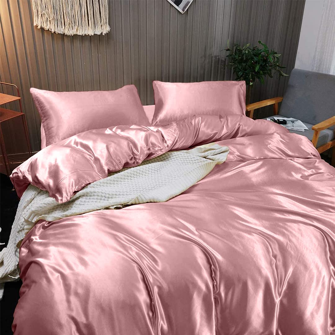 Luxury Twin XL Silk Satin Sheet Set - 7 Piece Bedding Set with Deep Pockets | Breathable Cooling Hotel Quality Sheets | Wrinkle Free Rose Pink Duvet Cover | Perfect for Master Bedroom, Guest Room & Luxury Hotels