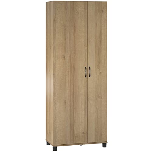 Pemberly Row Transitional Tall Asymmetrical Cabinet in Natural - Modern Storage Solution for Living Room, Bedroom & Office Organization