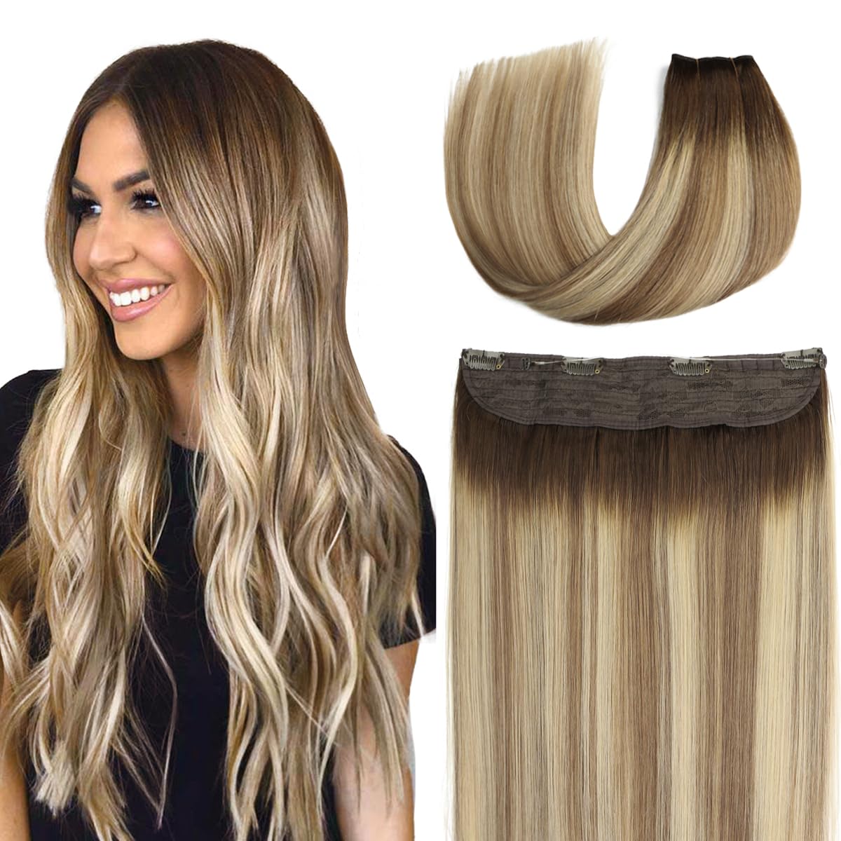 SURNEL 18 Inch 80g Real Human Hair Extensions - Balayage Walnut Brown to Ash Brown & Golden Blonde Wire Hair Extensions for Women | Perfect for Daily Wear, Parties & Special Occasions