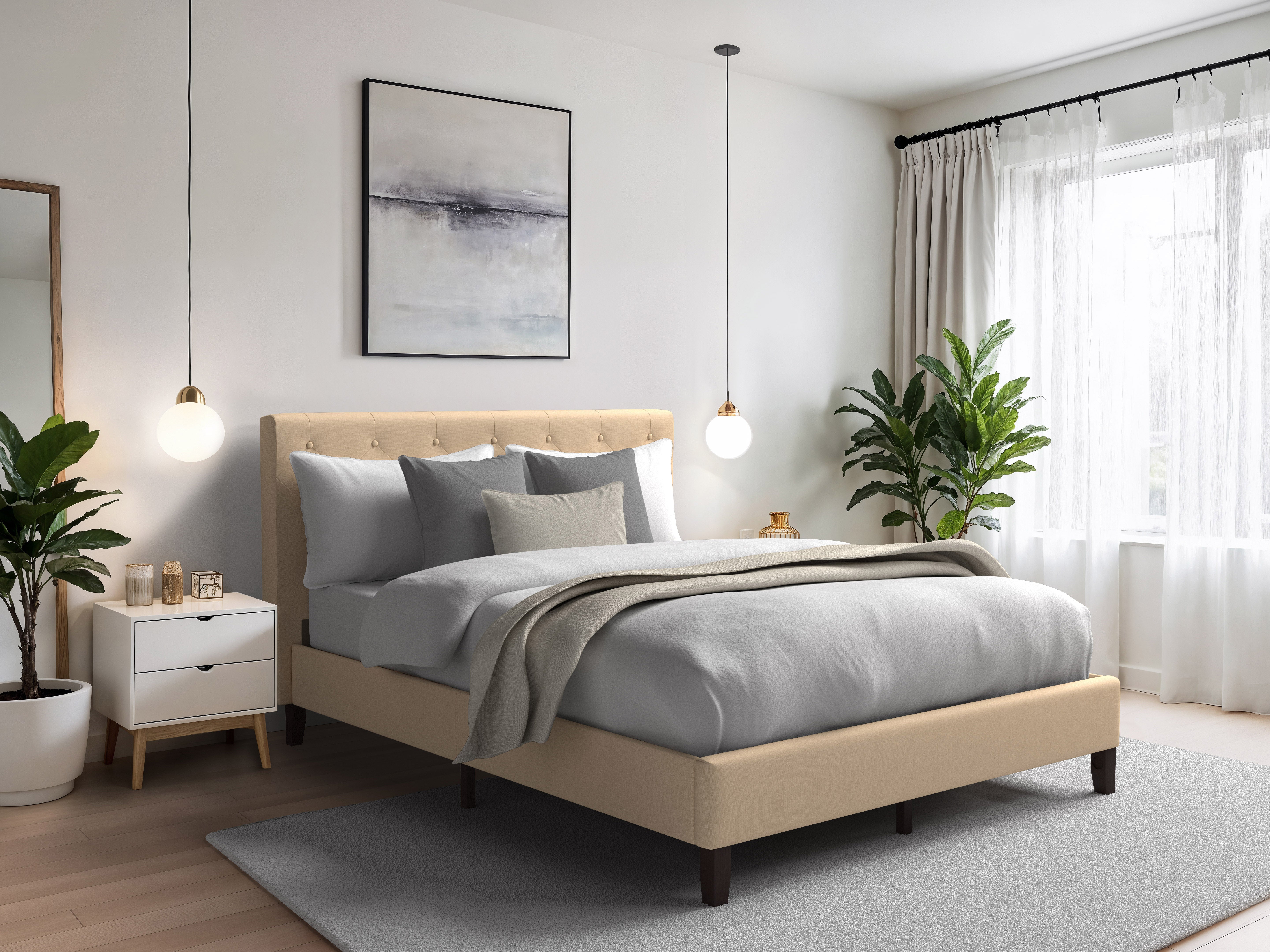 Luxury Button Tufted Upholstered King Size Bed Frame - Elegant Upholstered Headboard for Master Bedroom, Guest Room & Hotel Decor