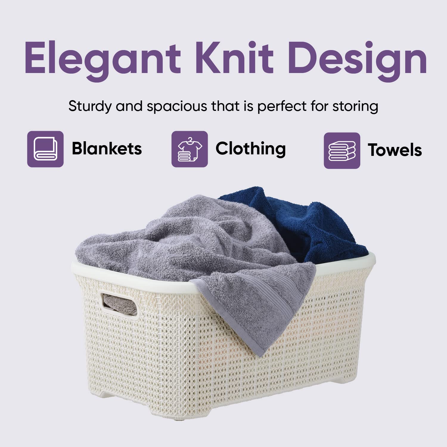 Plastic Laundry Basket with Cut-Out Handles - 40L Small Storage Hamper for Clothes Organization | Space-Saving Cream Knit Design for Laundry Room, Bedroom & Bathroom | Perfect for College Dorms, Apartments and Small Spaces