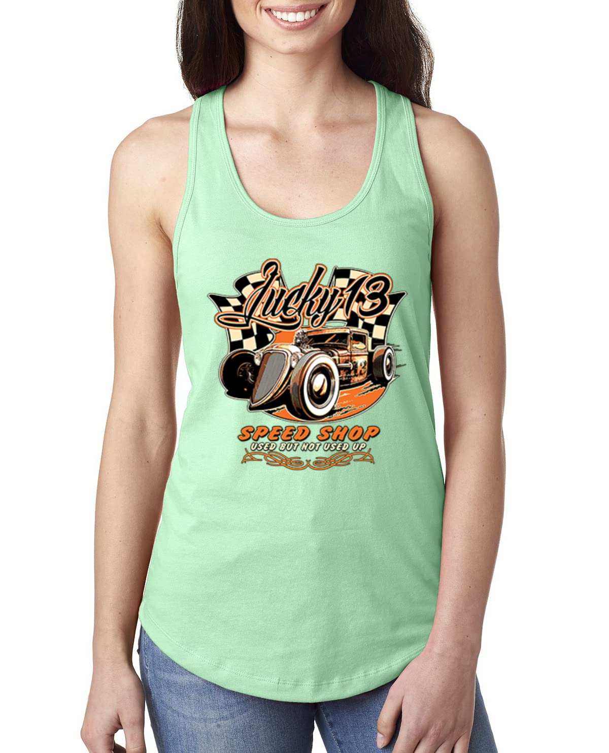 Lucky 13 Speed Shop Vintage Cars & Trucks Racerback Tank Top for Women - Perfect for Racing Events, Car Shows & Casual Wear
