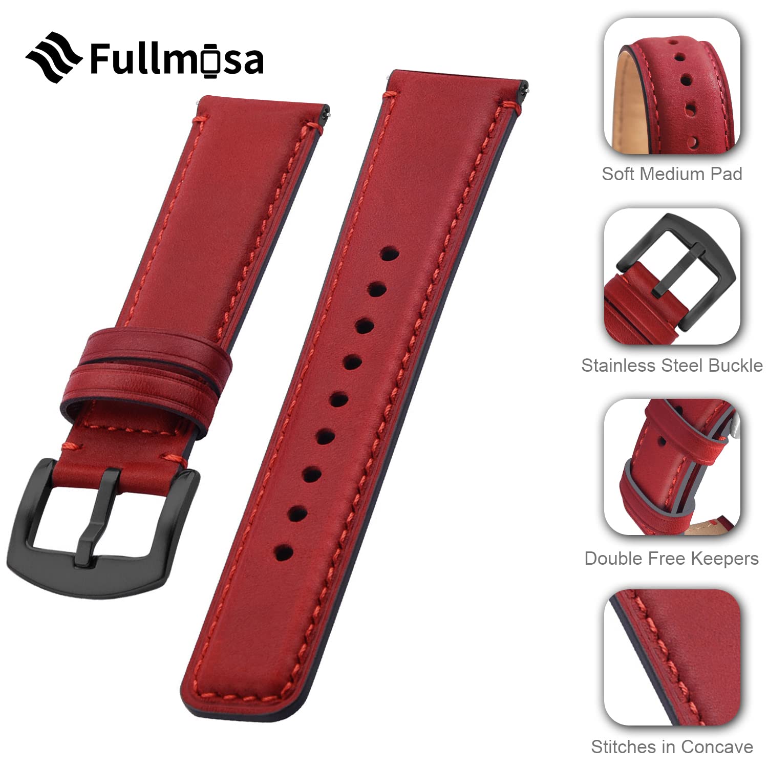 Fullmora Quick Release Leather Watch Band 22mm 20mm 18mm - Burnished Strap Compatible with Samsung Galaxy Watch & Garmin - Perfect for Business, Casual & Everyday Wear