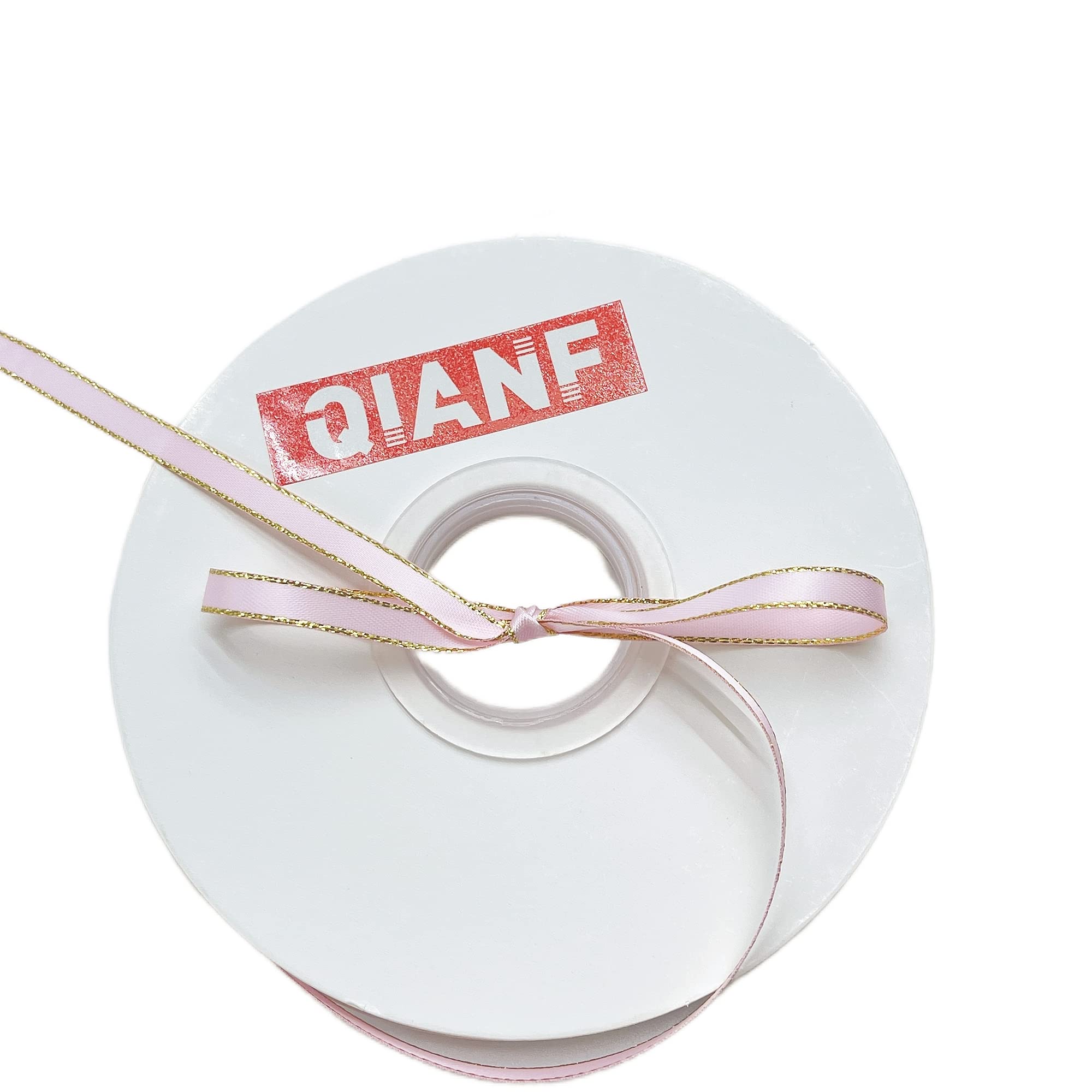 QIANF Pink Double Face Satin Ribbon with Gold Border - 1/4 Inch x 50 Yards - Perfect for Gift Wrapping, DIY Crafts, Hair Bows, and Wedding Decorations