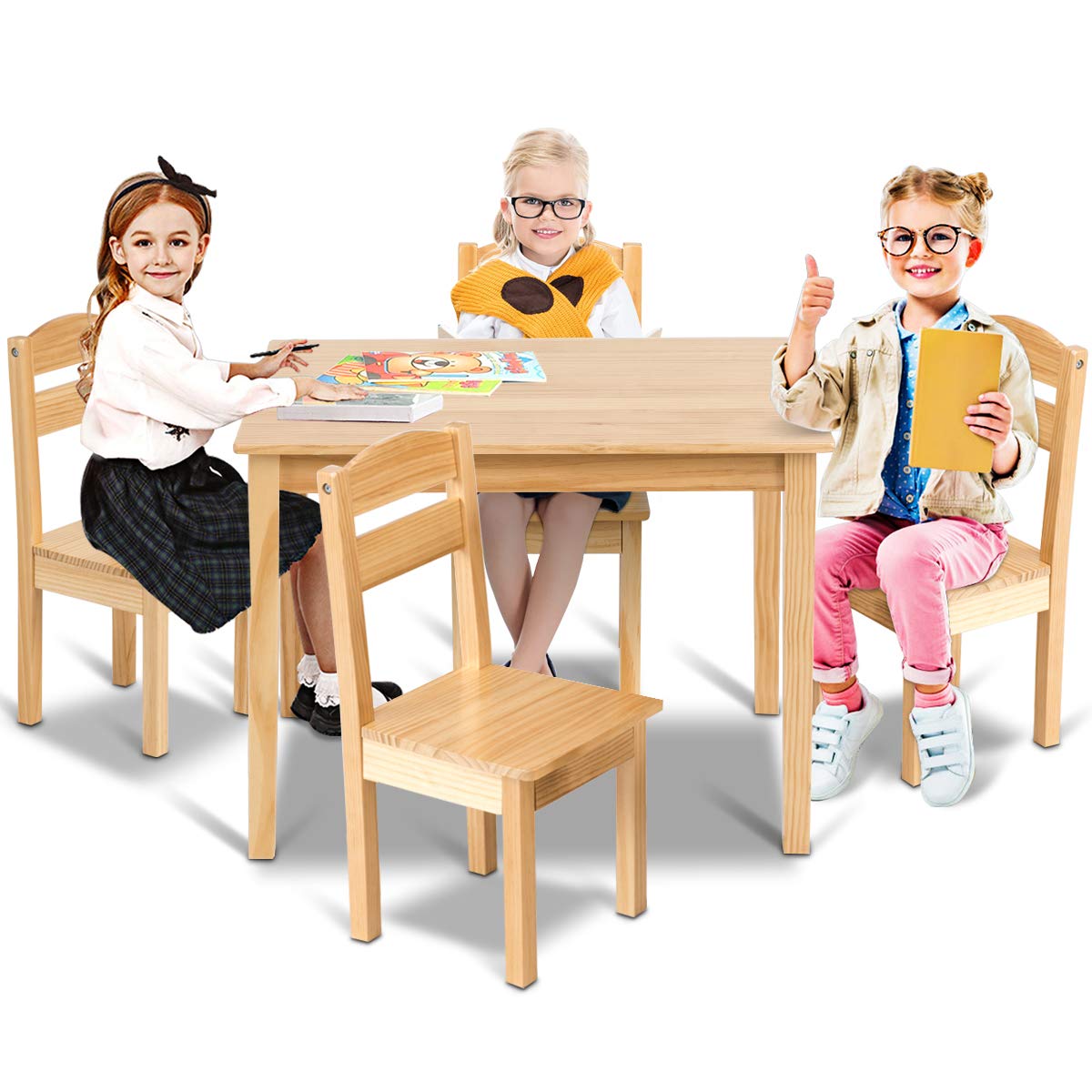 Costzon 5-Piece Kids Wooden Table and Chair Set - Natural Wood Activity Table & Chairs for Toddlers, Preschoolers | Perfect for Arts & Crafts, Homework, Snack Time | Durable Children's Furniture Set for Home, Classroom, Daycare - Ideal Gift for Boys & Girls