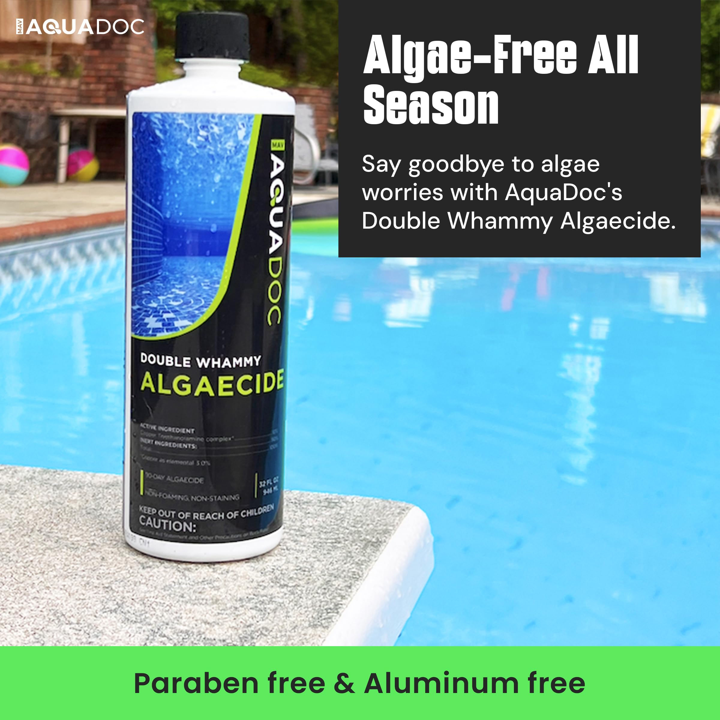 Copper Pool Algaecide for Swimming Pools - 90-Day Long-Lasting Algae Prevention & Removal for Inground Pools - Super Strength Formula for Pool Opening & Maintenance - AquaDoc 32oz - Perfect for Year-Round Pool Care, Summer Swim Season & Green Algae Treatment