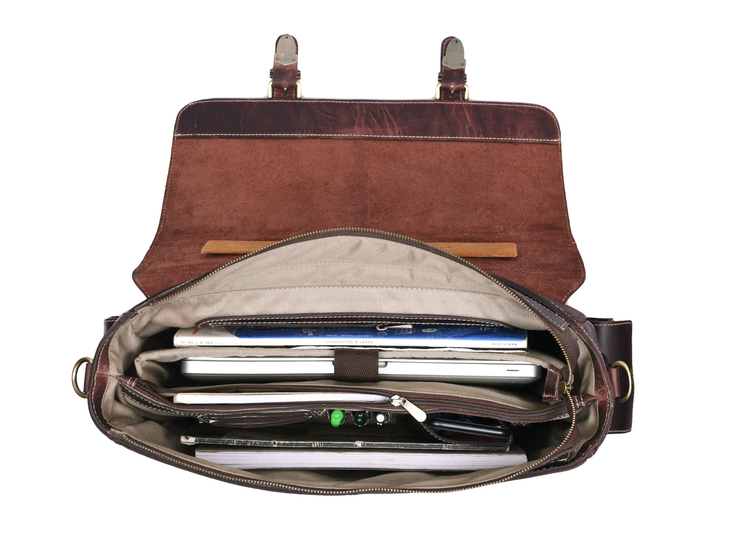 17 Inch Genuine Leather Laptop Briefcase for Business Professionals - Brown Walnut Color - Perfect for Office, Commuting & Business Travel