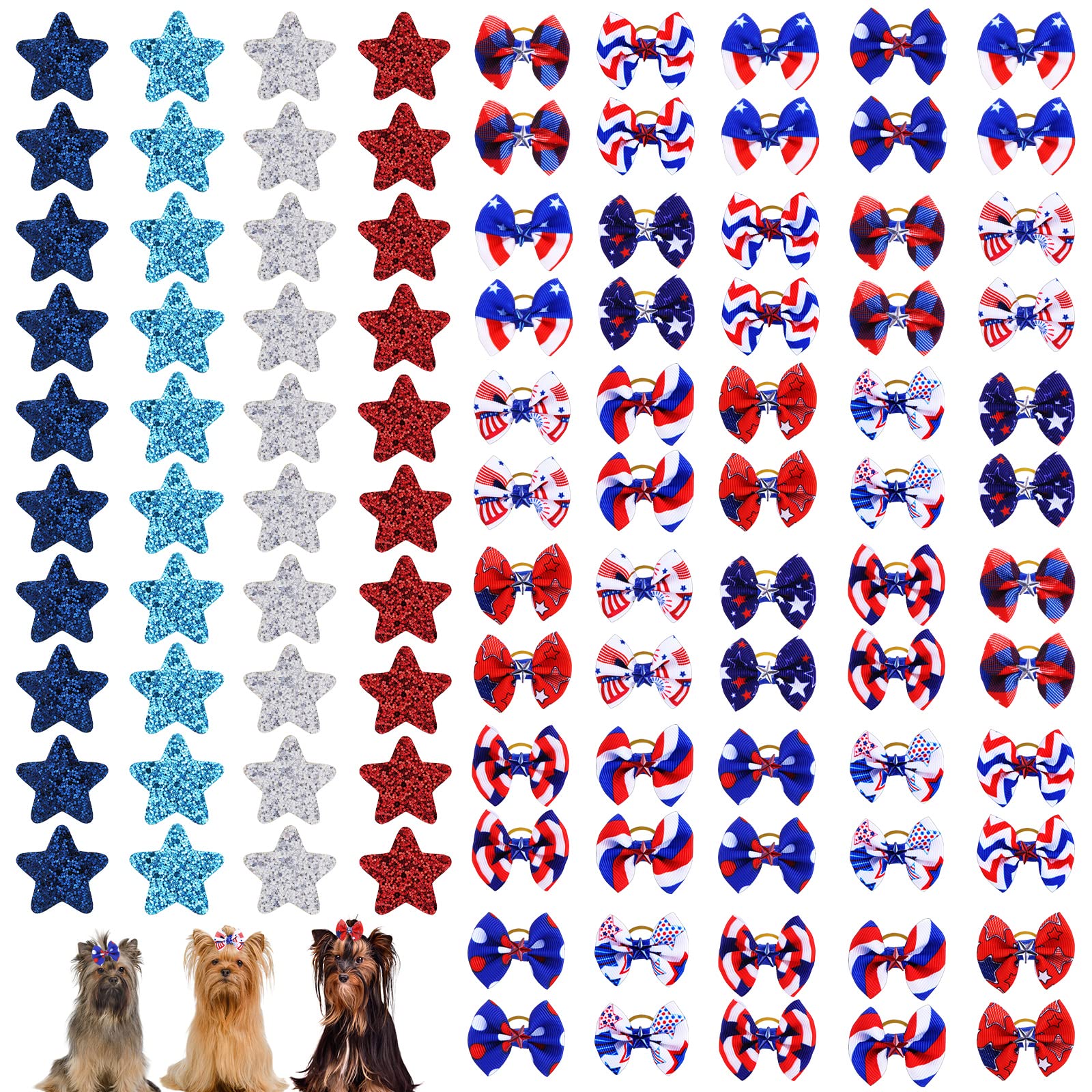 100Pcs Patriotic Dog Hair Bows with Rubber Bands - Red White Blue American Flag Memorial Day & 4th of July Dog Accessories for Yorkie, Puppy Grooming - Perfect for Independence Day Celebrations, Pet Parties & Photo Shoots