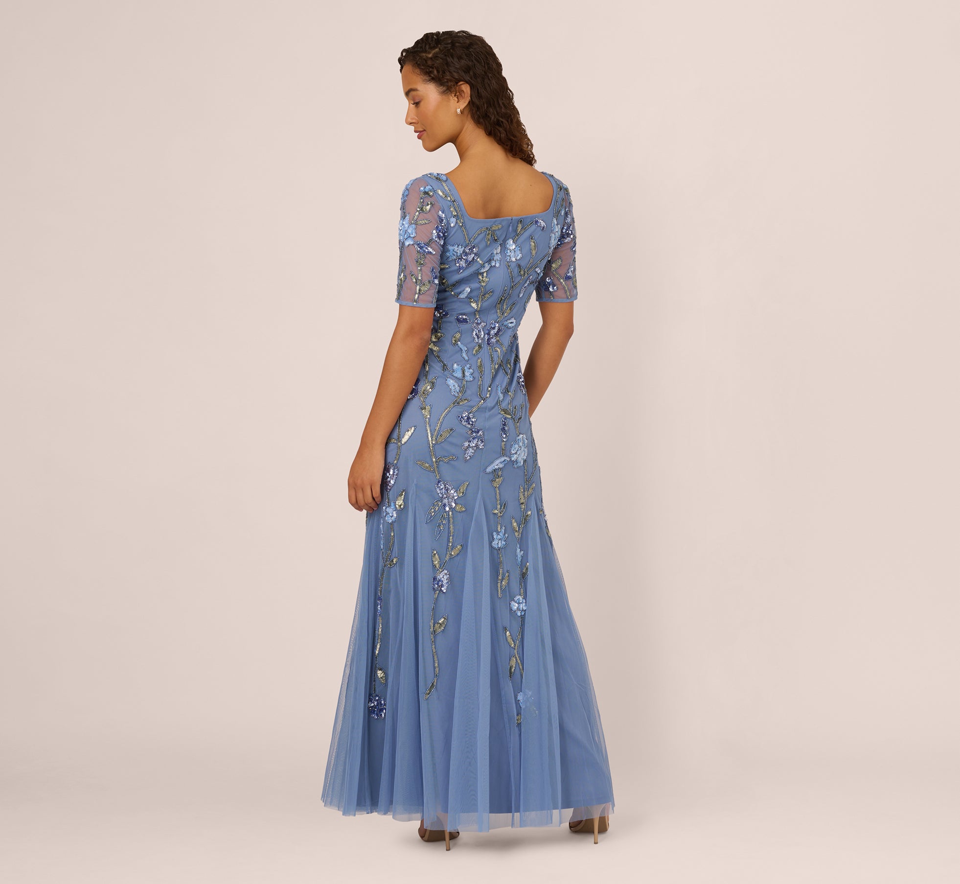 French Blue Square Neck Short Sleeve Beaded Godet Gown - Elegant Evening Dress for Prom, Wedding & Special Occasions