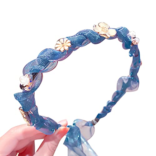 DuoYo Floral Headbands for Women - Blue Net Yarn Hair Band for Party, Festival, Beach, Travel, Bridal & Wedding - Boho Hair Accessories for Summer Outfits & Special Occasions