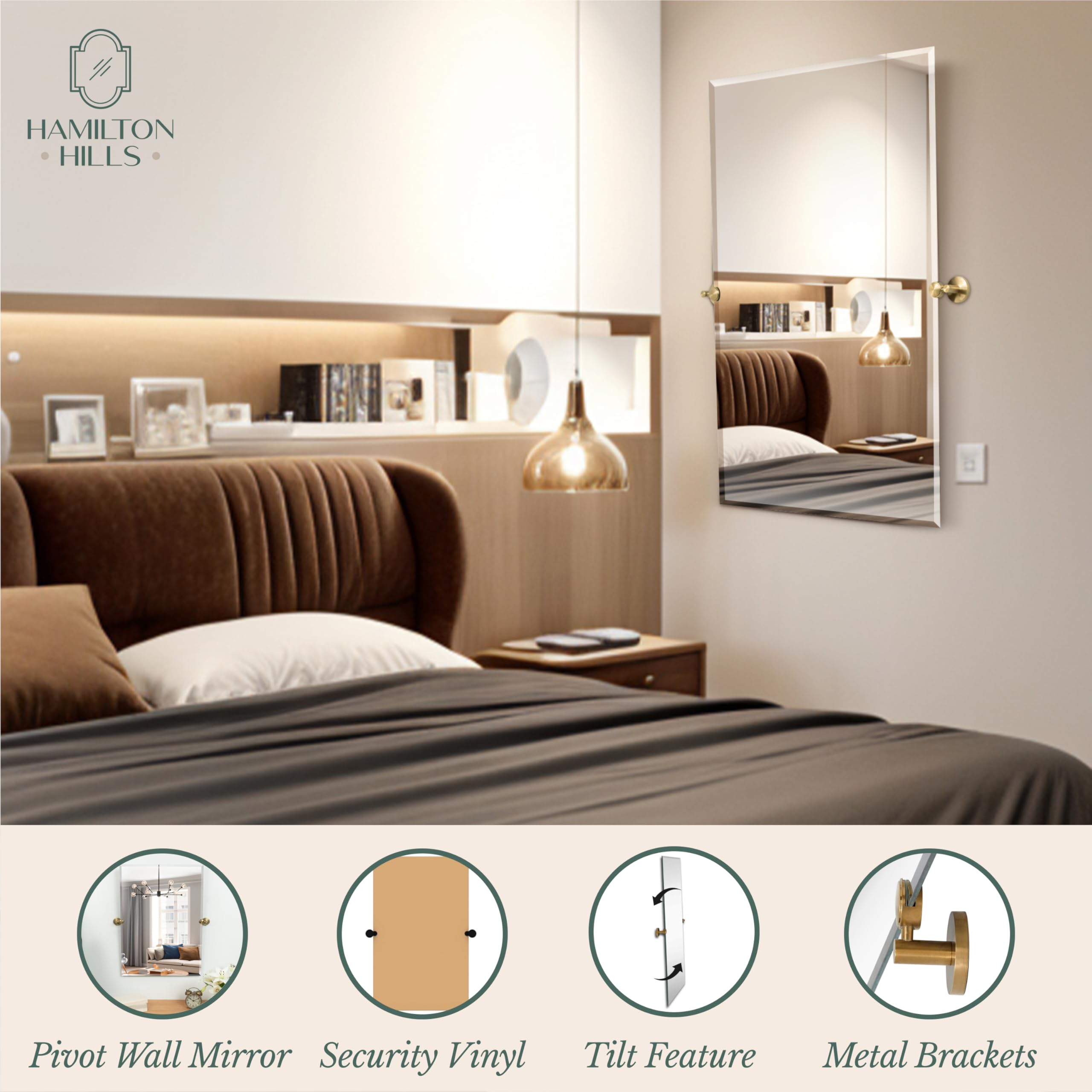 Hamilton Hills 24x36 Inch Frameless Pivot Bathroom Mirror - Adjustable Tilting Rectangular Wall Mirror with Gold Rounded Brackets - Modern Vanity & Shower Decor for Bathroom, Bedroom, and Entryway