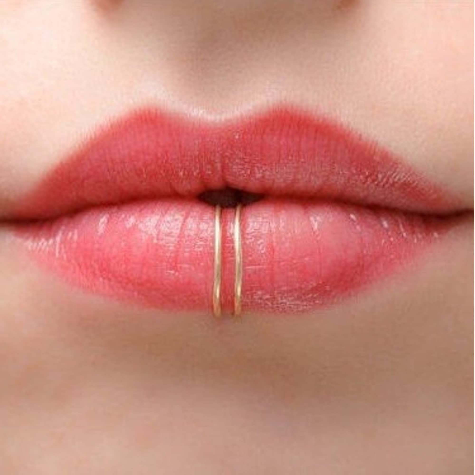 Fake Lip Ring - Faux Lip Piercing Jewelry - 14k Gold Filled Clip On Lip Cuff (13mm) | Double Lip Ring for Women | Perfect for Parties, Halloween Costumes & Alternative Fashion