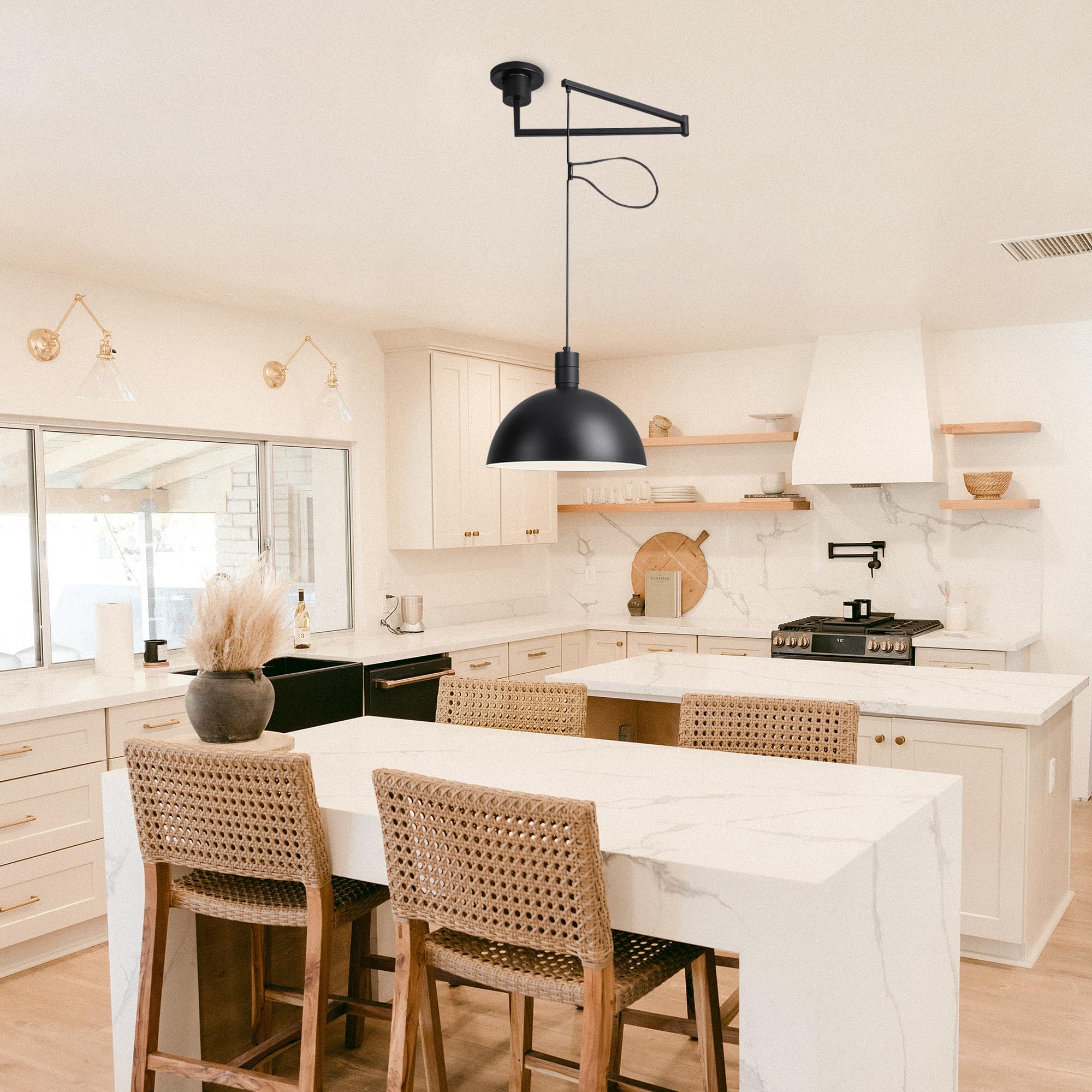 Aeyee Industrial Pendant Light Fixture - Adjustable Swing Arm Hanging Light with Dome Shade for Dining Room, Living Room, Kitchen & Bar - Black Modern Ceiling Lamp for Home Decor & Commercial Spaces
