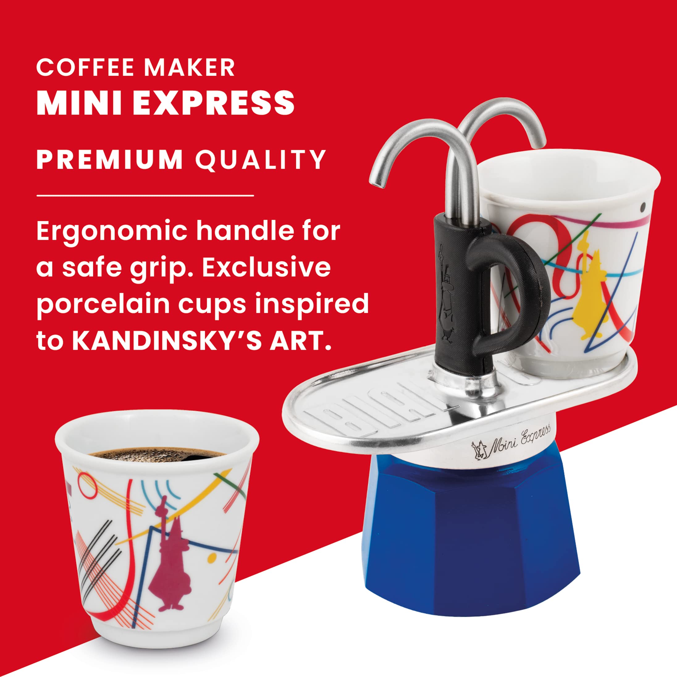 Bialetti Mini Express Kandinsky 2-Cup Moka Pot Coffee Maker - 2.8 Oz Aluminum Stovetop Espresso Maker with 2 Shot Glasses, Light Blue - Perfect for Home, Office & Camping Coffee Brewing