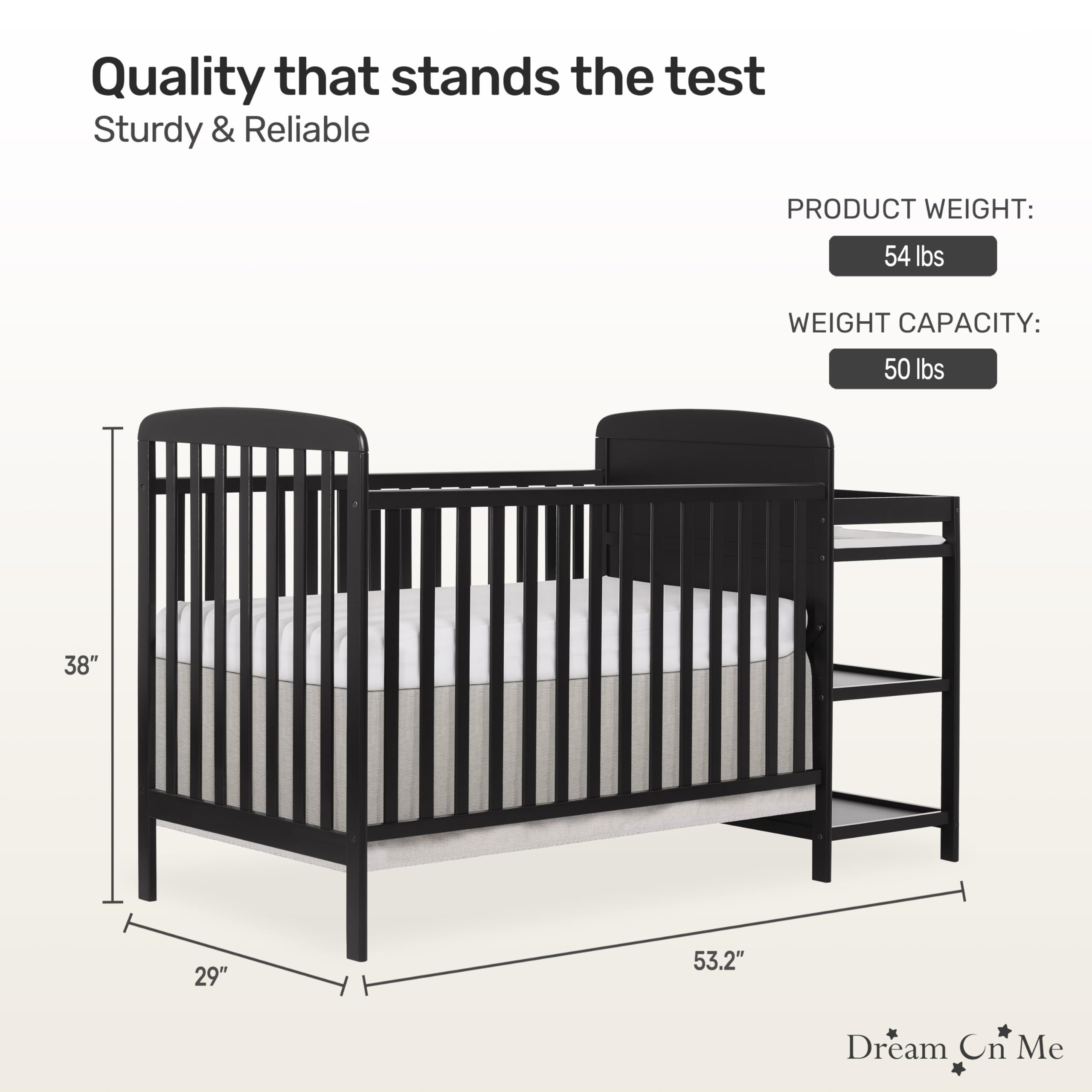Dream On Me Anna 3-in-1 Convertible Crib with Changing Table - GREENGUARD Gold Certified, Non-Toxic Black Wooden Nursery Furniture with 1