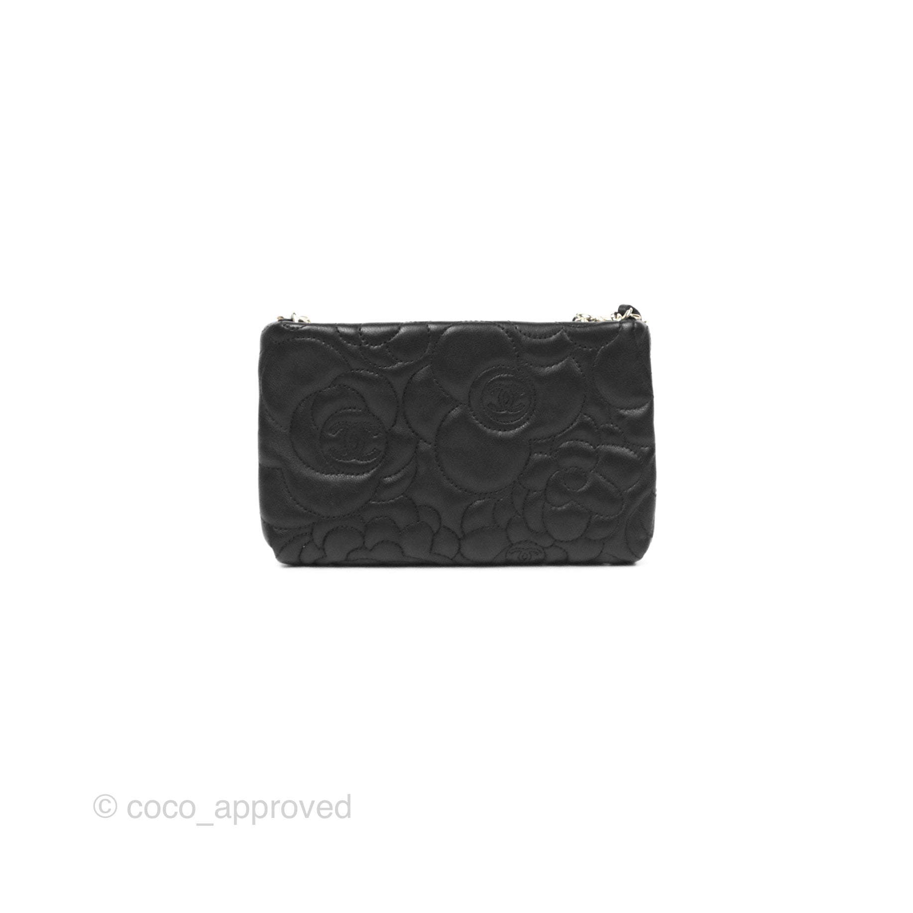 Chanel Camellia Pochette Clutch Bag - Black Lambskin Leather with Gold-Tone Hardware | Evening Bag, Wedding Clutch, Luxury Handbag for Women