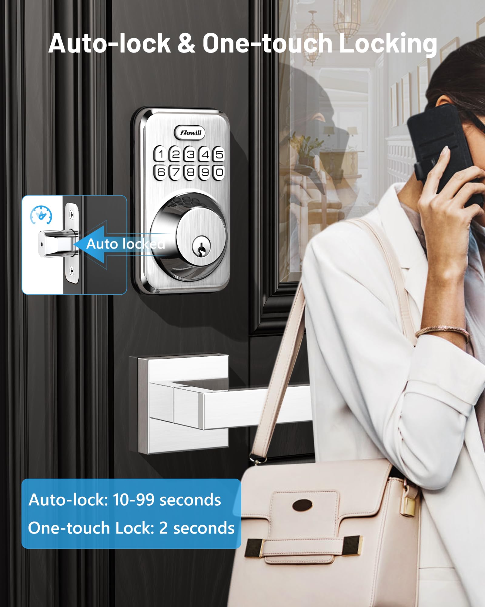 Zowill Smart Keyless Entry Door Lock - Electronic Keypad Deadbolt with Auto-Locking & Anti-Peeping Password, 2 Lever Handles in Satin Nickel for Front Door Security (Ideal for Homes, Apartments & Vacation Rentals)
