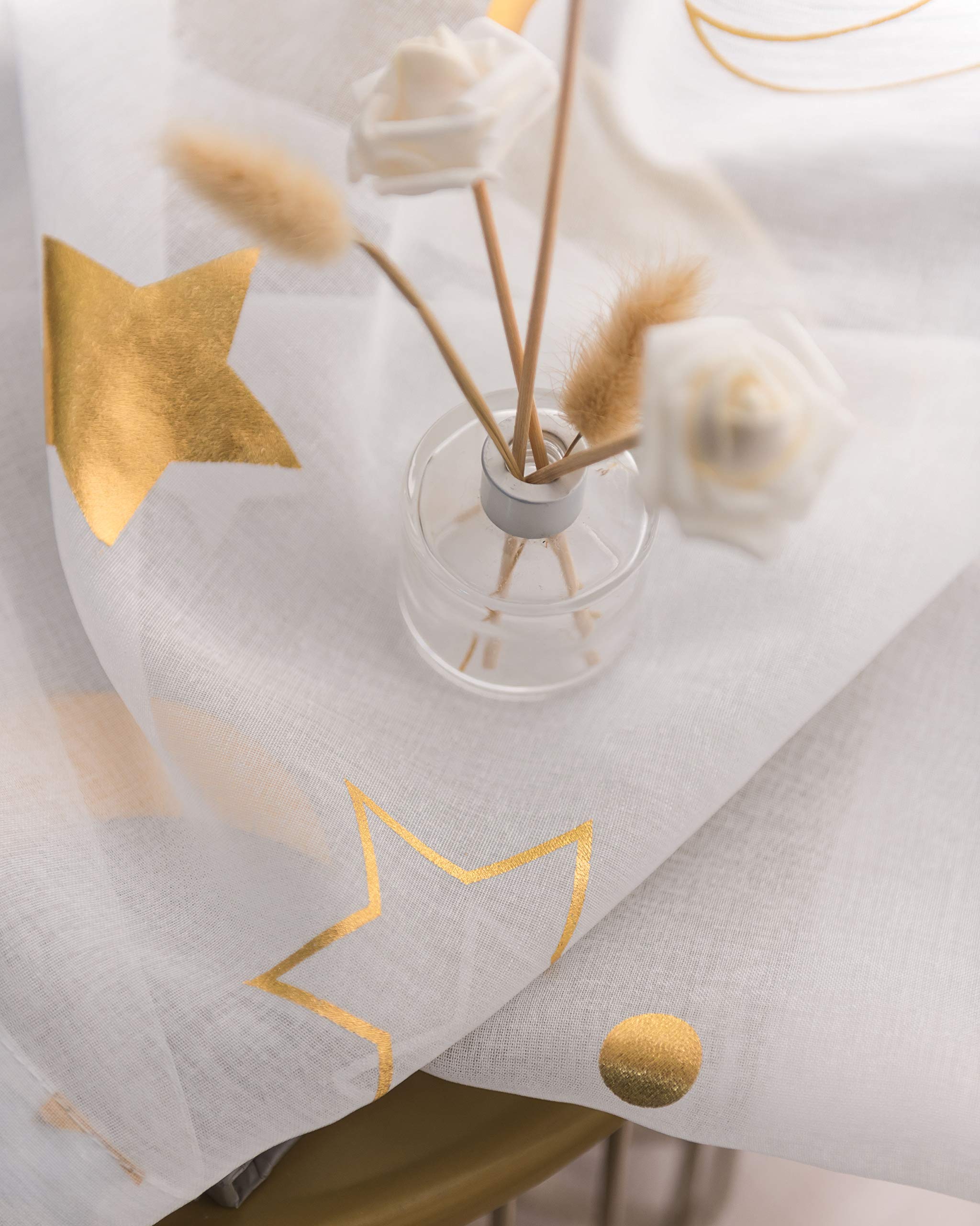 Gold Star and Moon Sheer Window Curtains for Girls Room - 63 Inch Long Grommet White Foil Printed Curtains (Set of 2 Panels) | Kids Bedroom Decor, Nursery, Playroom & Dorm Room Window Treatments
