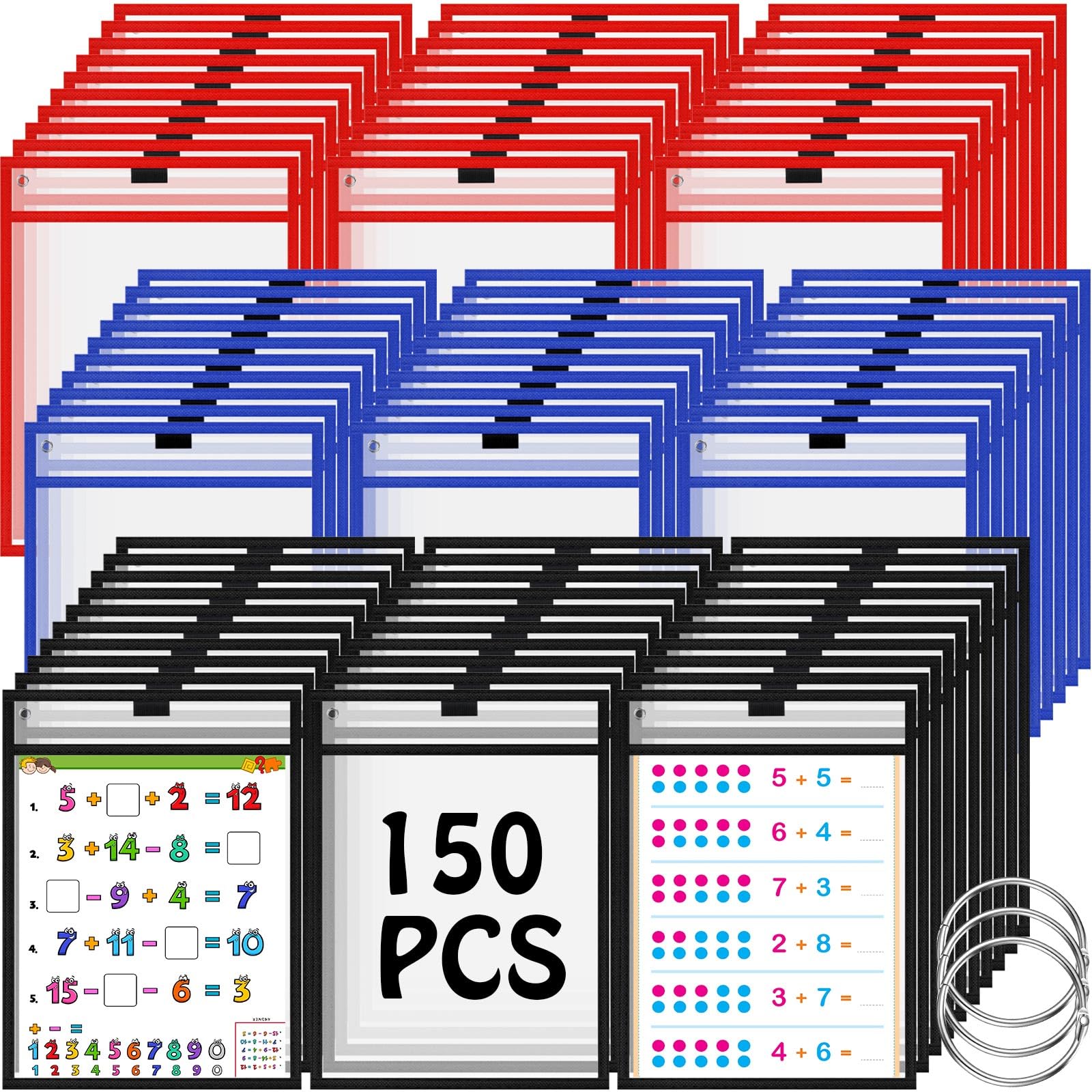 150 Pack Reusable Dry Erase Pockets - 10 x 14 Inch Plastic Sleeves for Job Tickets, Work Orders & Office Documents (Black, Blue, Red) - Perfect for Classroom, Retail & Office Organization
