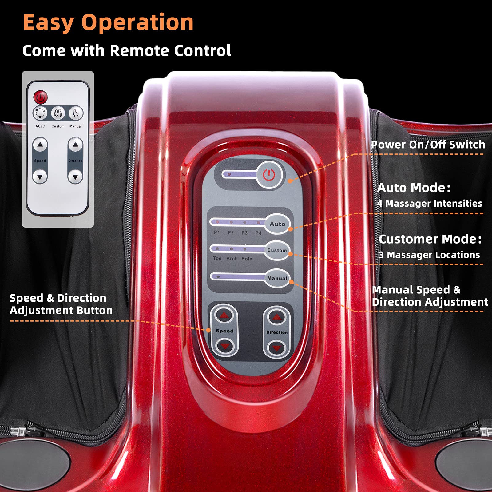 RELAX4LIFE Shiatsu Foot Massager Machine with Remote Control - 4 Programs & 3 Modes for Plantar Fasciitis Relief, Electric Calf & Foot Massager with Deep Kneading & Rolling Therapy - Perfect for Home, Office & Post-Workout Muscle Recovery (Red)