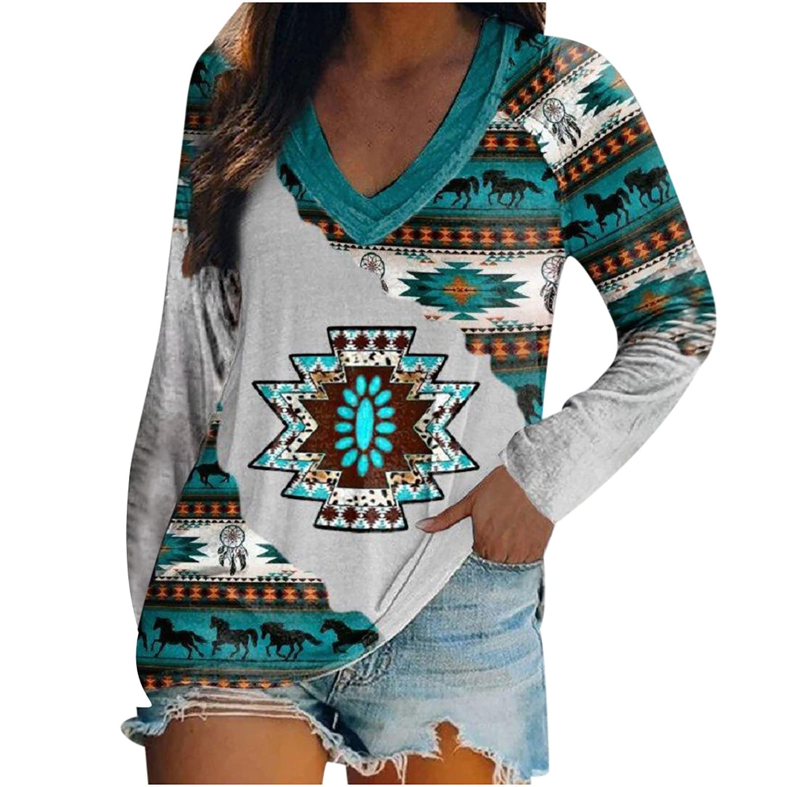 Women's Long Sleeve Printed V-Neck T-Shirt - Soft Comfortable Vintage Blouse for Casual Wear, Loose Fit Daily Outfits & Retro Style Fashion