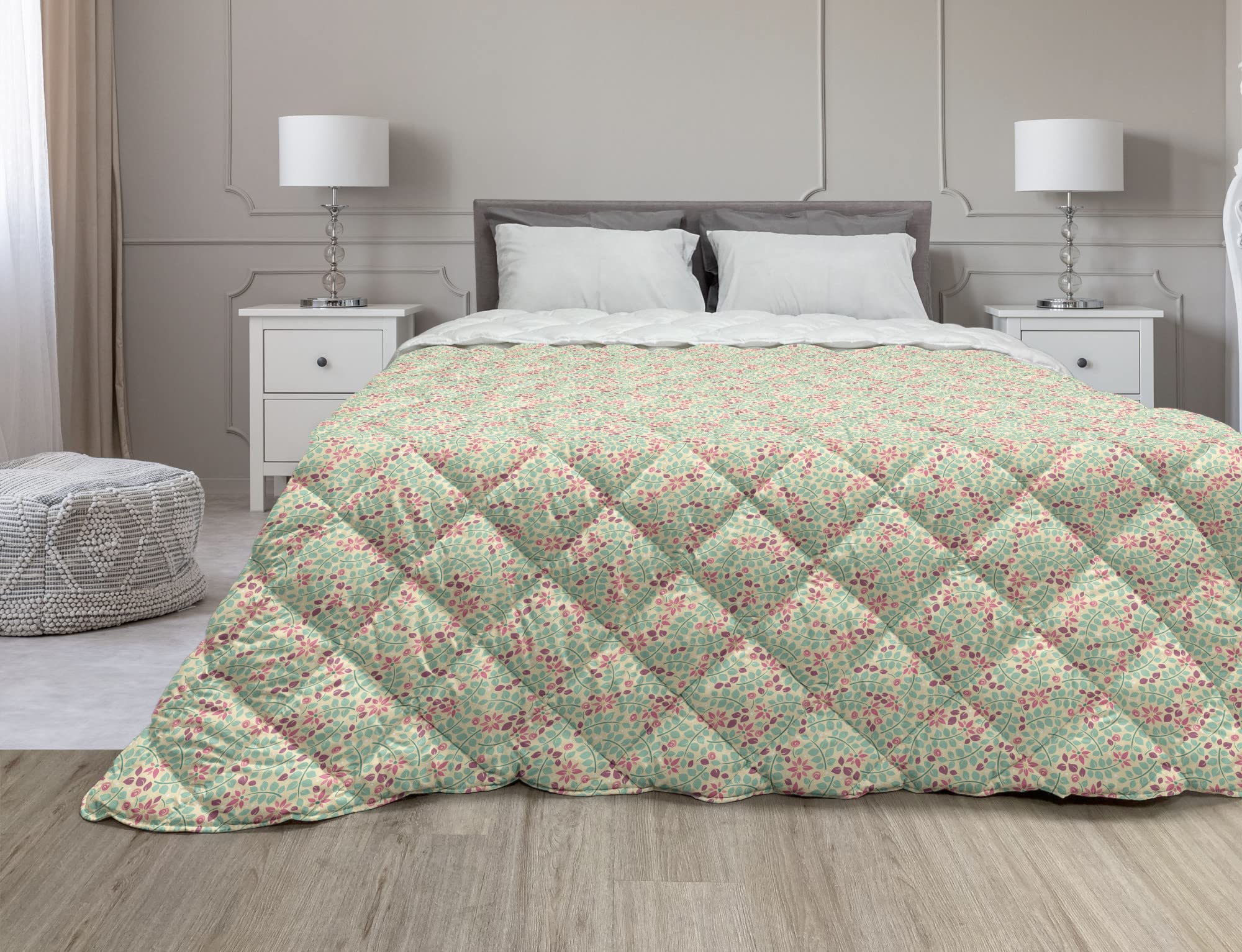 Ambesonne Botanical Down Alternative Comforter - Romantic Garden Pinnate Leaves Floral Pattern Microfiber All-Season Quilt, Twin XL Size, Pale Peach Seafoam & Pink - Perfect for Bedroom Decor, Guest Room, Dormitory & Cozy Home Styling