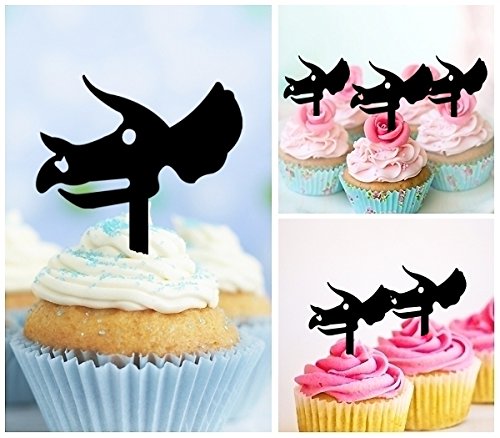 Dinosaur Triceratops Skull Fossil Silhouette Cupcake Toppers - 10pcs Acrylic Cake Decorations for Birthday, Wedding, Baby Shower & Jurassic Themed Parties