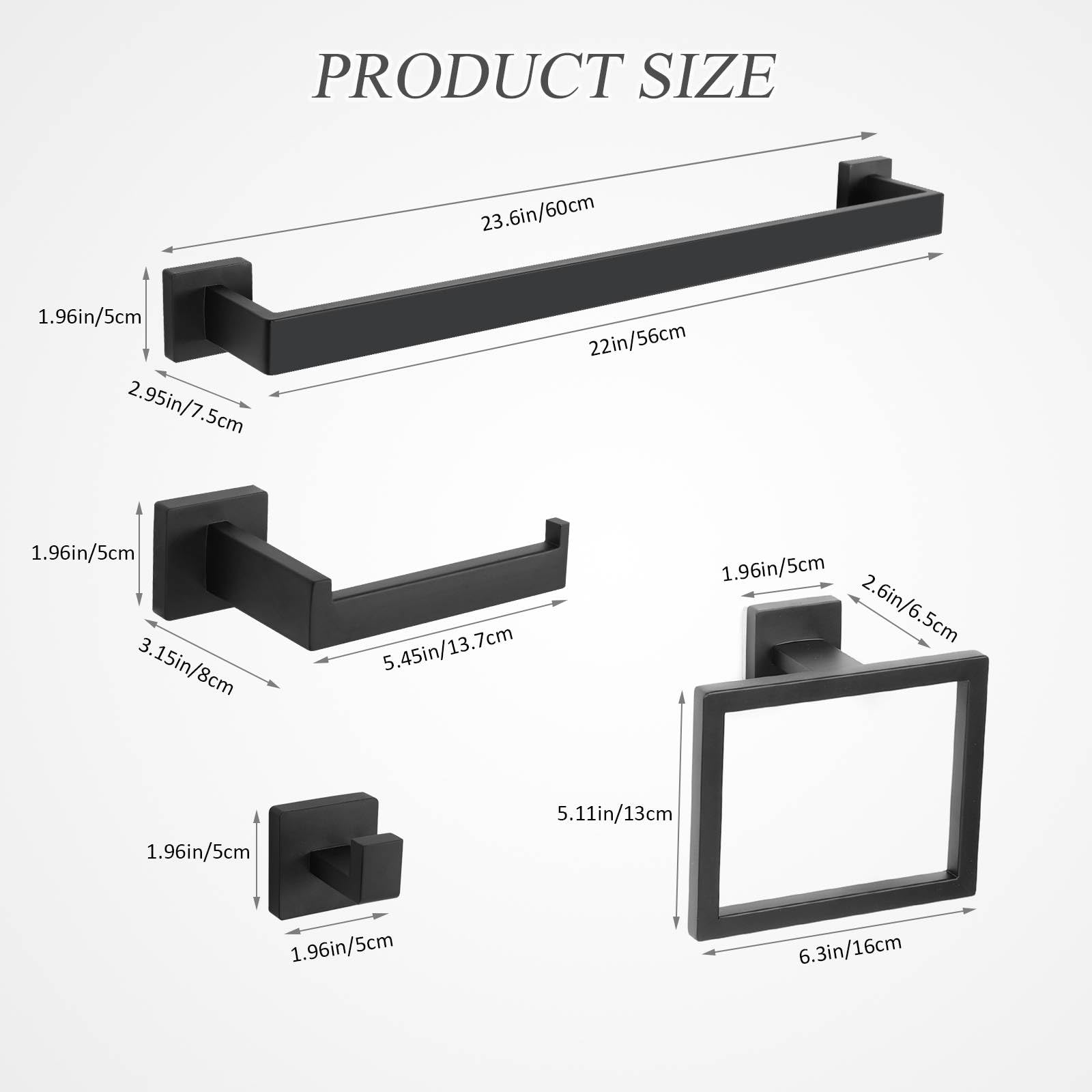 5-Piece Matte Black Towel Bar Set - Stainless Steel Bathroom Hardware Accessories with Towel Rack, TP Holder, Ring & Hooks (23.6 Inch) - Perfect for Modern Bathrooms, Powder Rooms & Spa-Style Decor