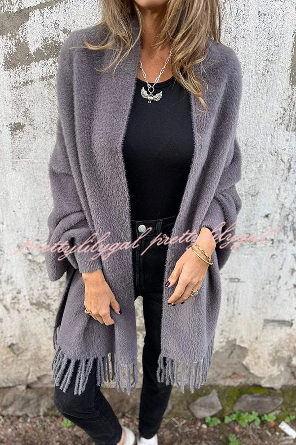 Cozy Knit Plush Tassel Trim Relaxed Shawl Cardigan for Women - Soft Warm Winter Wrap Sweater for Lounge, Travel & Casual Outfits