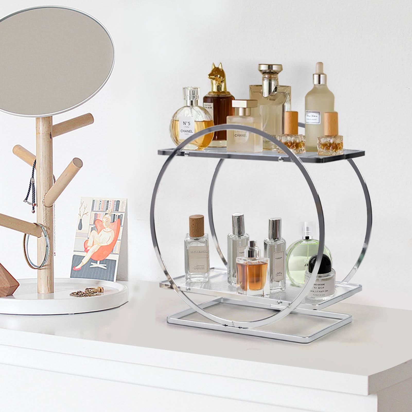 2-Tier Bathroom Counter Organizer - Vanity Makeup & Skincare Display Tray, Perfume Holder for Dresser - Silver Cosmetic Organizer Rack (Perfect for Bathroom Vanity, Bedroom Dresser & Gift for Women)