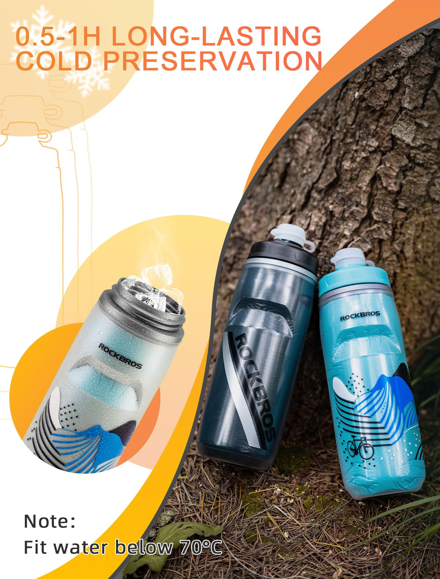 ROCKBROS 21oz Insulated Bike Water Bottle - Leakproof Squeeze Design for Cycling, Running & Sports - Keeps Drinks Cold for 5 Hours - Perfect for Road Bikes, Mountain Biking & Gym Workouts