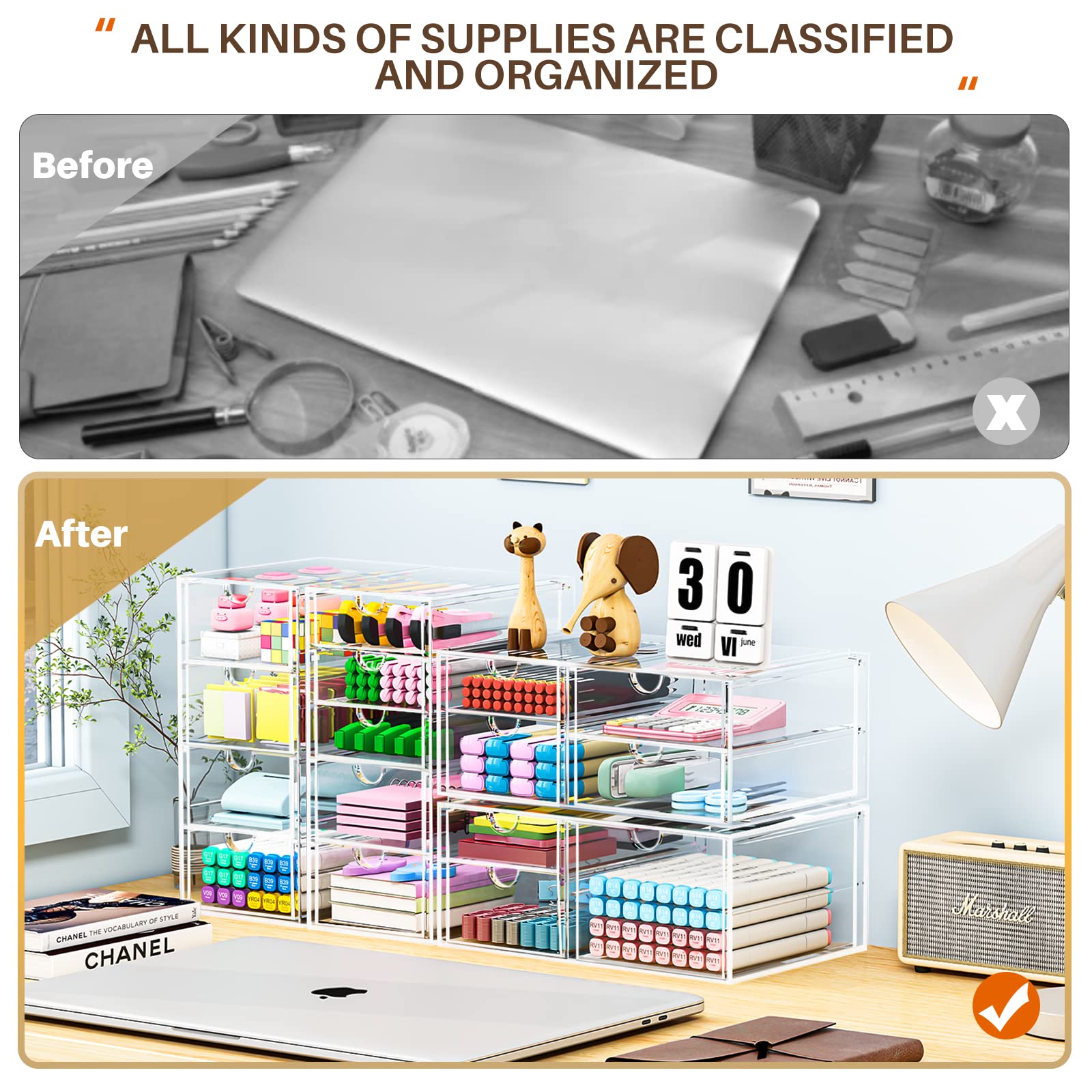 16-Drawer Makeup Organizer Set of 4 - Clear Desktop Storage for Cosmetics, Jewelry, Pens & Office Supplies | Dustproof Drawer Organizer for Vanity, Desk & Workstation Accessories