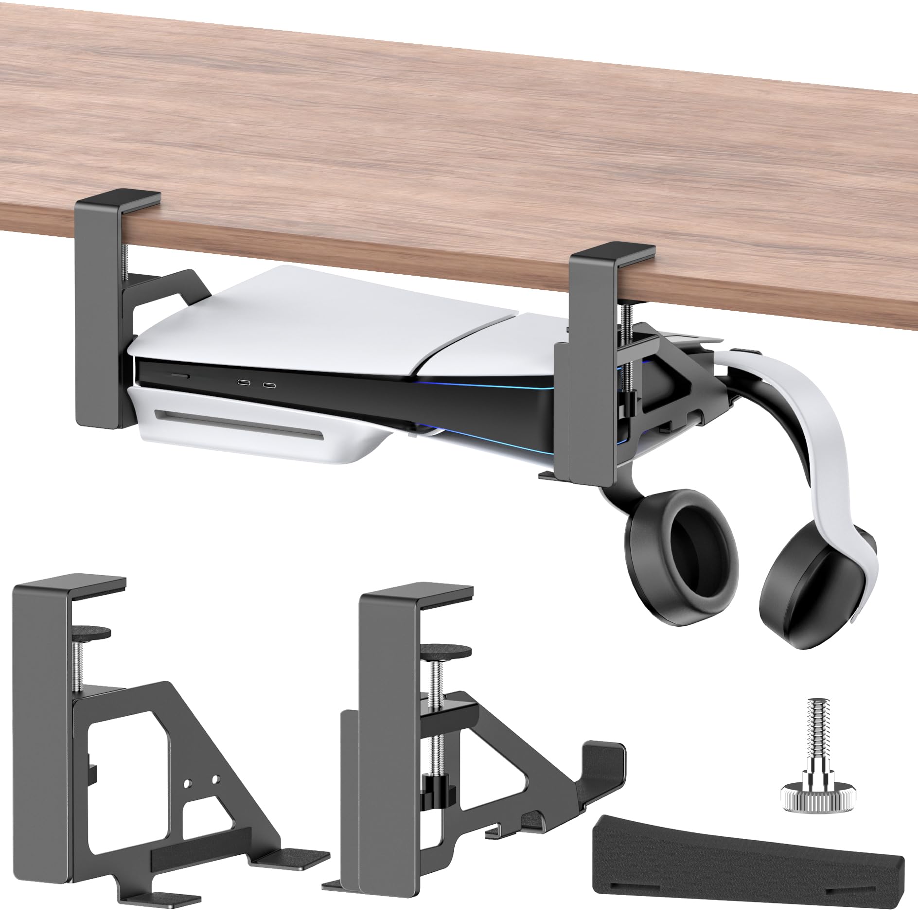 No-Drill Under Desk PS5 Mount for PS5 Slim & Digital Edition - Heavy Duty Metal Bracket with Clamp, Screws & EVA Foam - Perfect for Gaming Setups, Home Theaters & Office Spaces