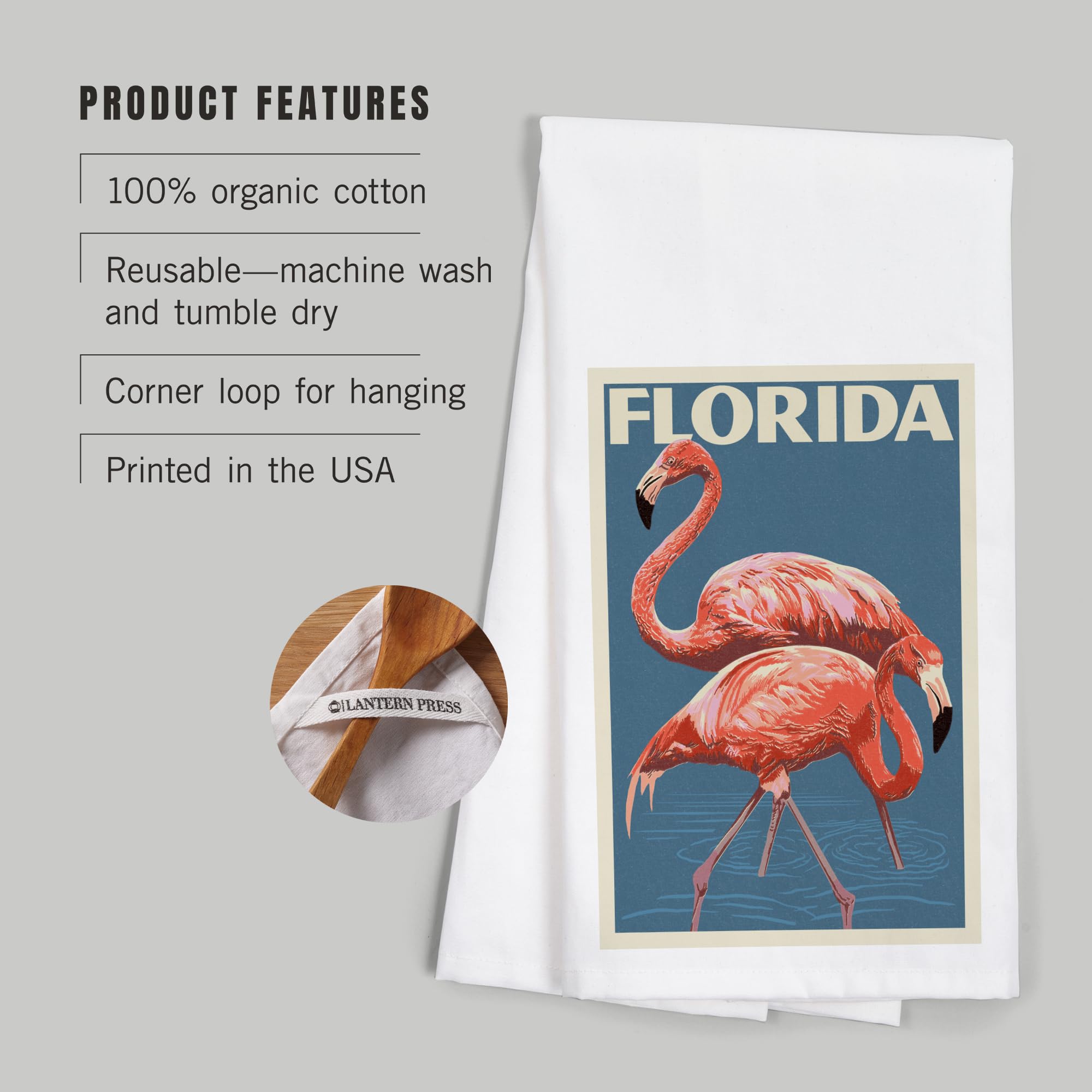 Florida Flamingo Letterpress Tea Towel - 100% Cotton Decorative Hand Towel for Kitchen & Home - Perfect for Gifts, Dish Drying, and Coastal Themed Decor