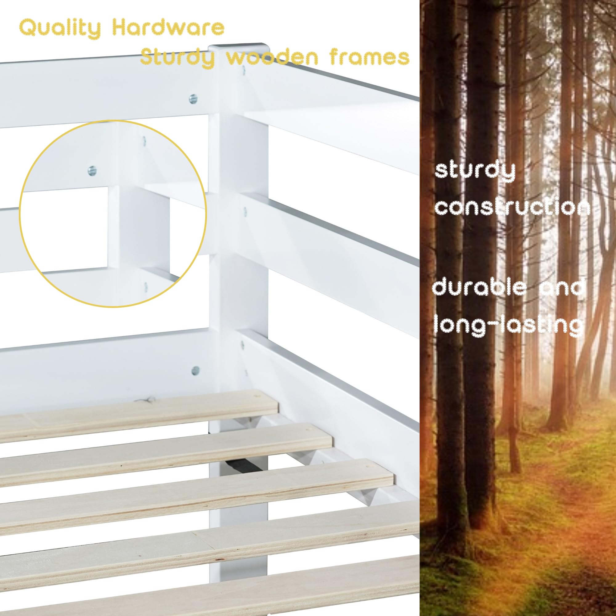 Low Twin Over Twin Bunk Bed Frame - Sturdy Wooden Junior Loft Bed for Kids, Boys & Girls with Safety Rails - Perfect for Small Rooms, Sleepovers & Kids' Bedrooms (White)