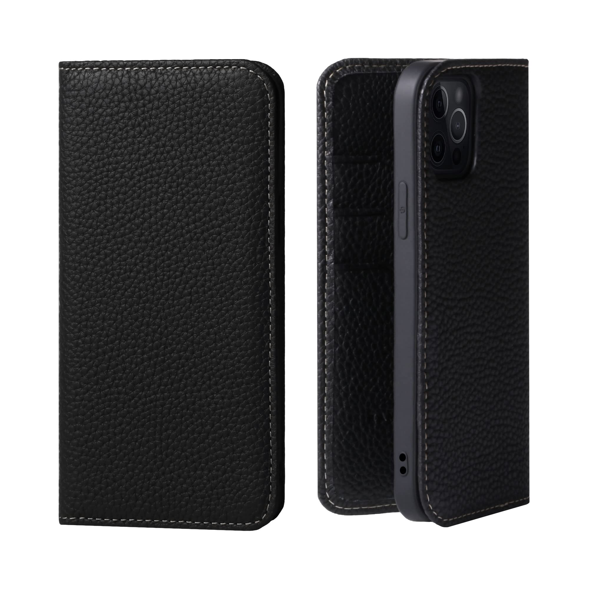 Premium Genuine Leather Flip Case for iPhone 13 Pro with Card Holder - Japanese Style Slim Wallet Phone Cover (Black) | Business & Travel Use