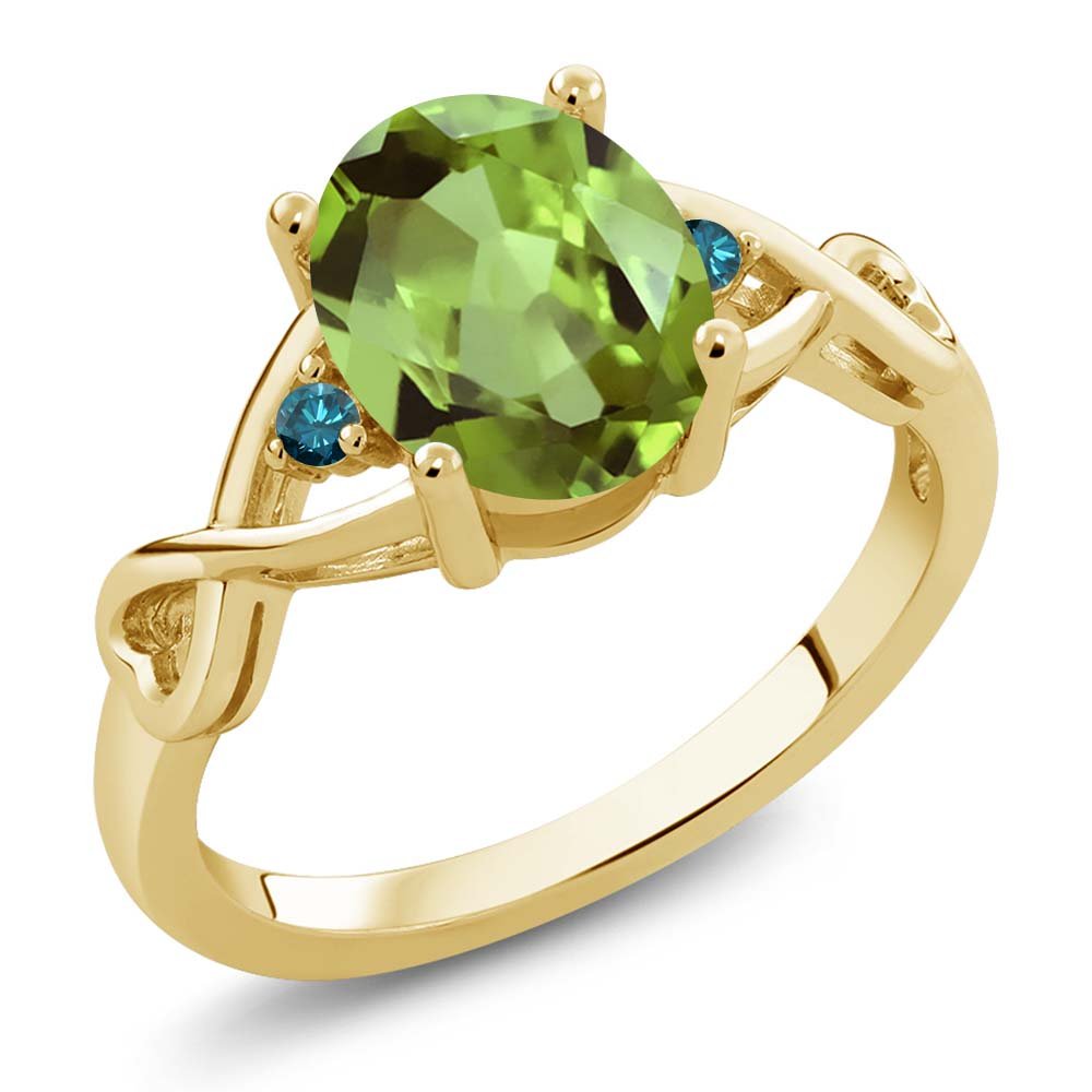 1.86 Ct Oval Green Peridot & Blue Diamond Ring in 18K Yellow Gold Plated Sterling Silver | Gem Stone King | Elegant Jewelry for Women, Perfect for Weddings, Anniversaries & Special Occasions