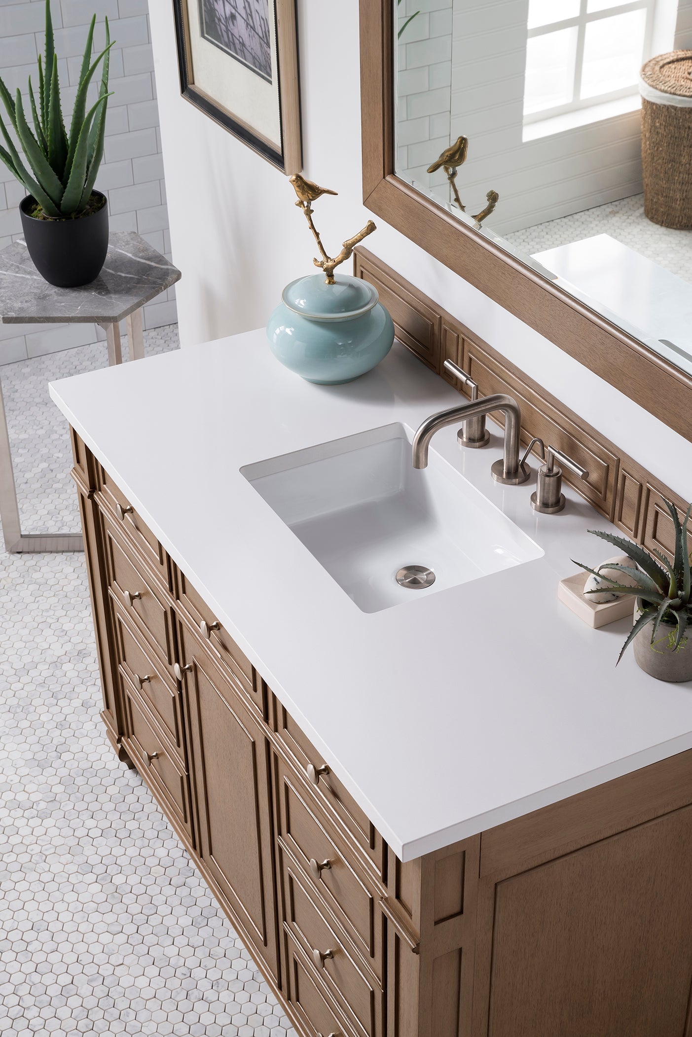 Bristol 48 Inch Single Bathroom Vanity in Whitewashed Walnut with 3CM Classic White Quartz Countertop - Perfect for Modern Farmhouse, Coastal, or Transitional Style Bathrooms