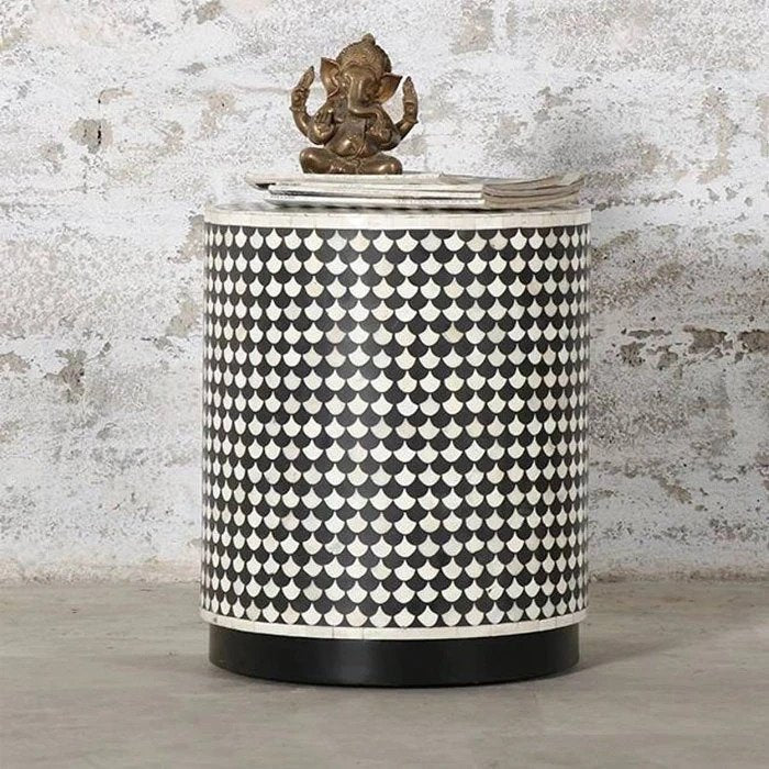 Handmade Black and White Bone Inlay Drum Stool - Boho Chic Side Table, Ottoman & Decorative Stool for Living Room, Bedroom or Meditation Space