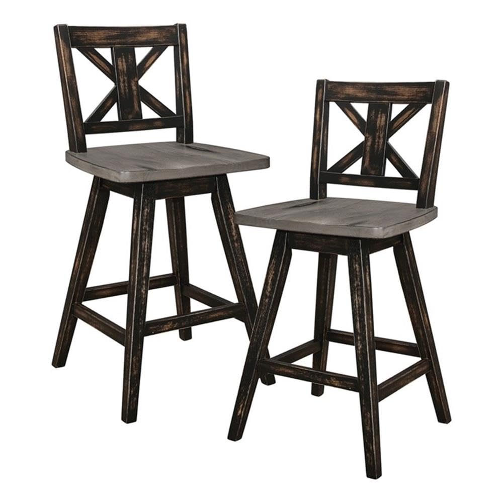 Pemberly Row 2-Piece Black Bar Stool Set with Rotating Square Seat, Footrest & Backrest | 37.5
